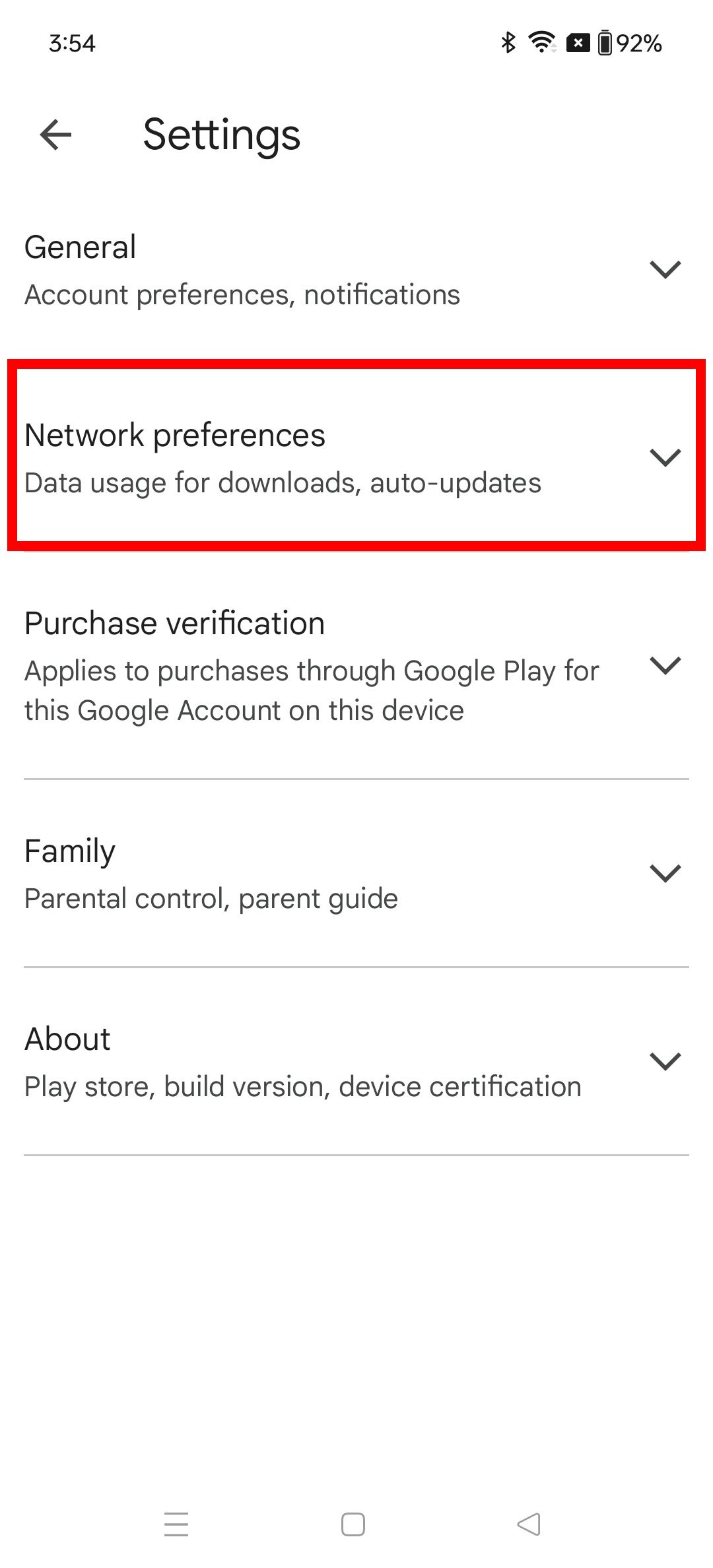 Red rectangle outline highlighting network preferences in google play store settings on oneplus