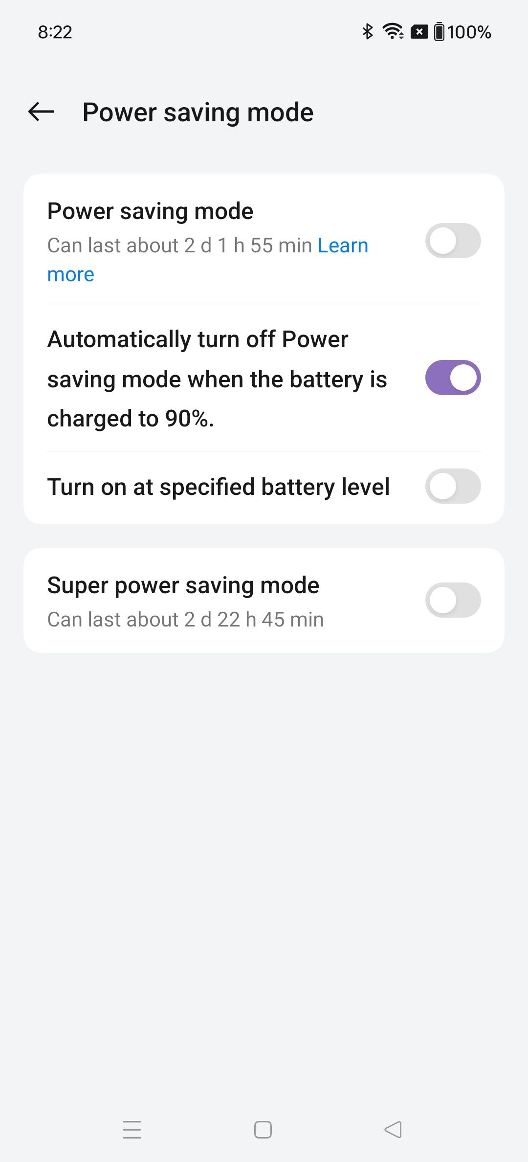 Power saving mode page in OnePlus battery settings with four toggle options