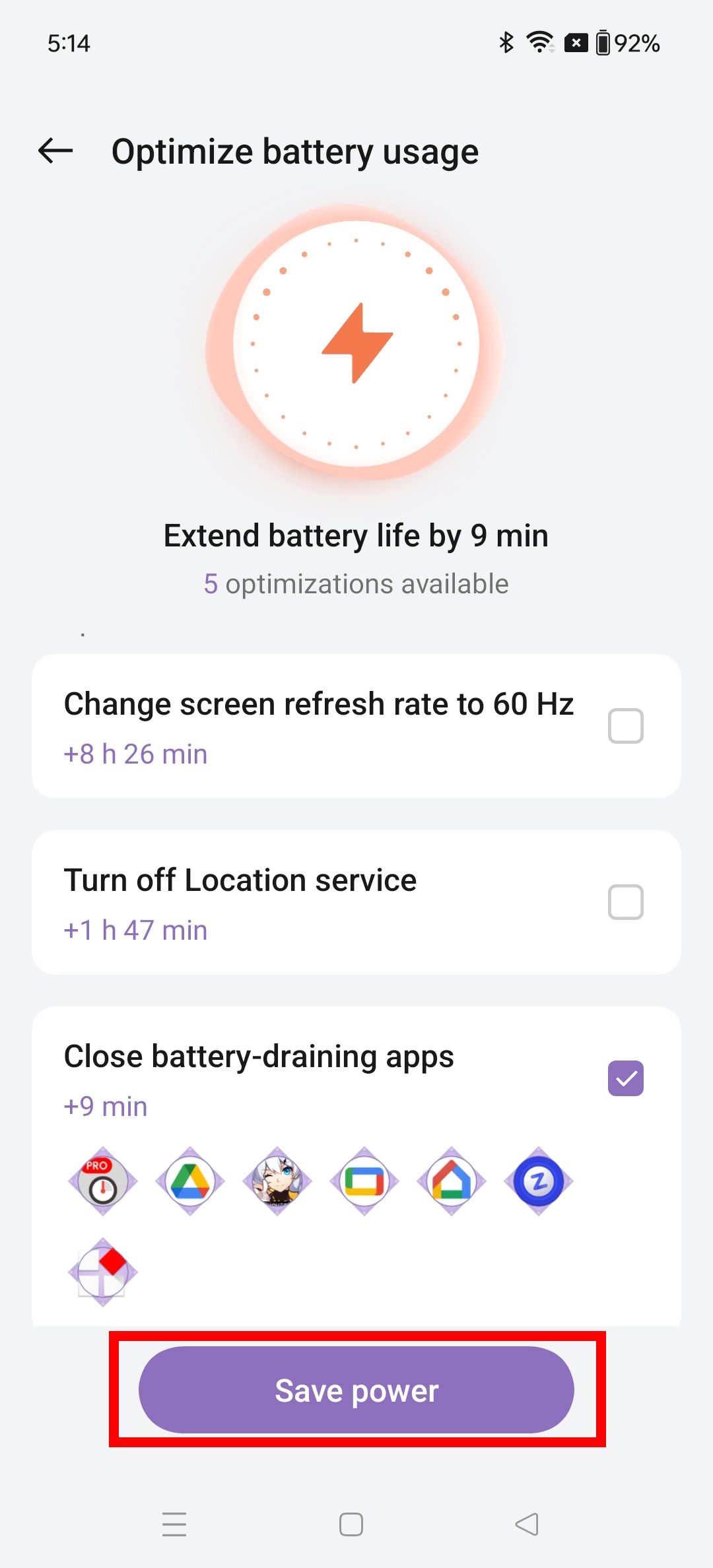 Red rectangle outline highlighting save power button in OnePlus optimize battery usage page