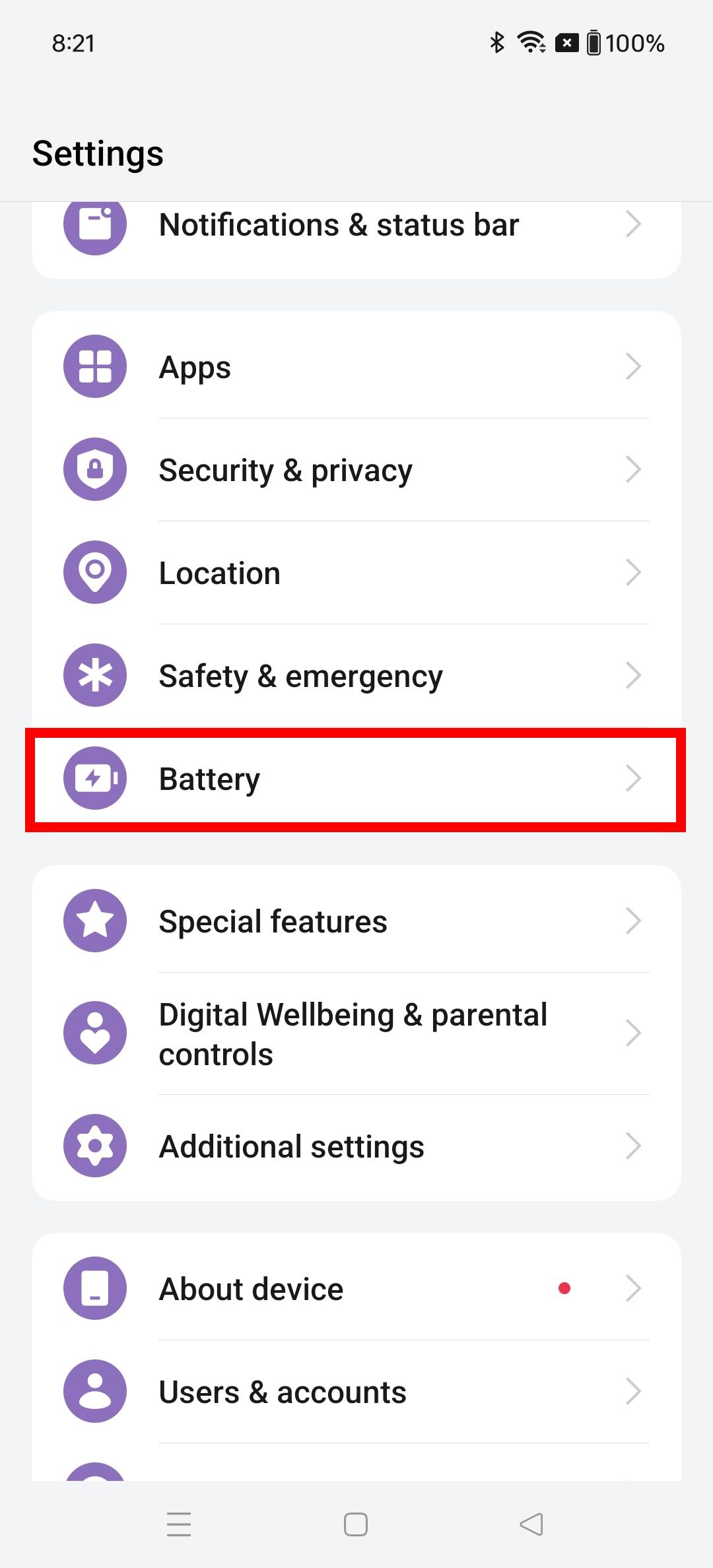 Red rectangle outline highlighting battery in OnePlus settings