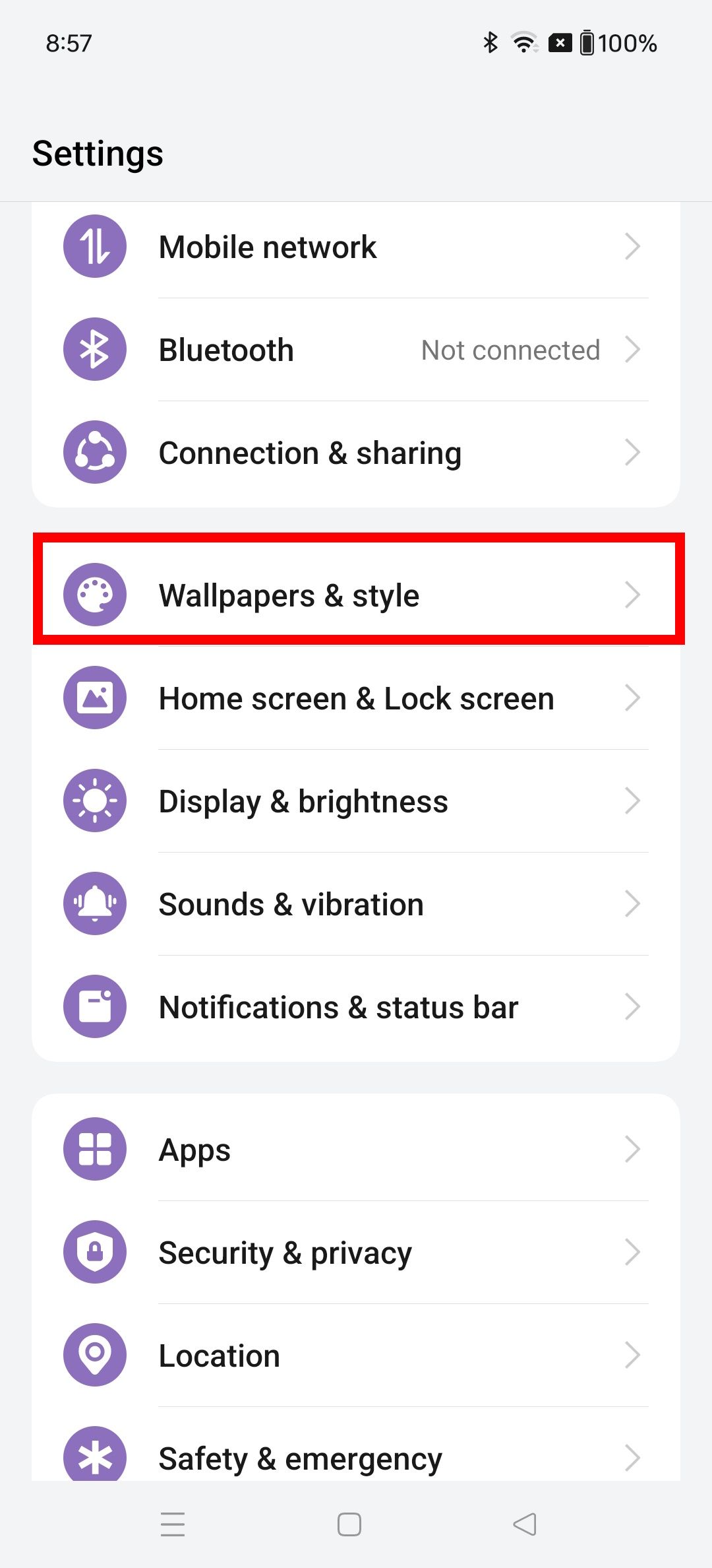 Red rectangle outline highlighting Wallpapers & style in OnePlus settings