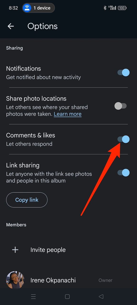 Disabling comments and likes in Options menu for My Week album on Google Photos