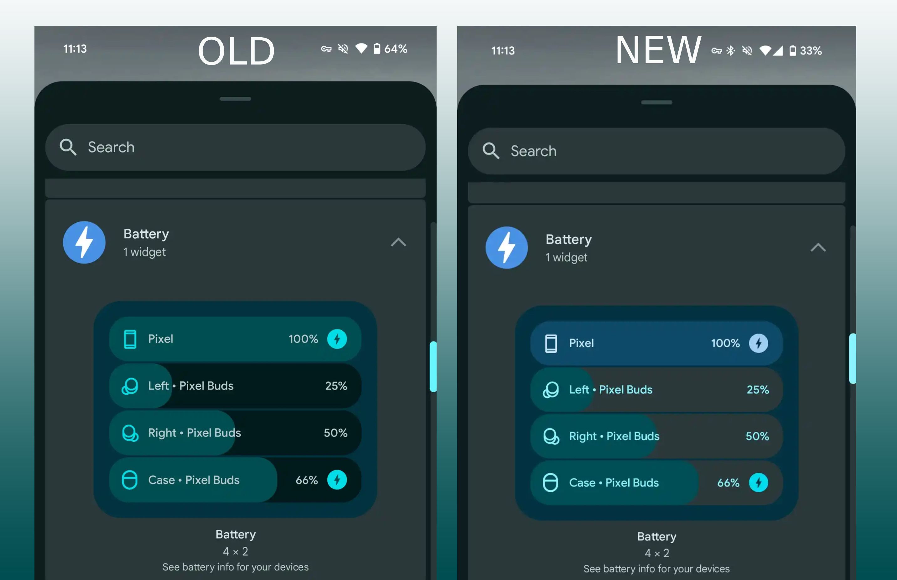 Screenshots of the Pixel Battery widget highlighting the old UI and the new UI.