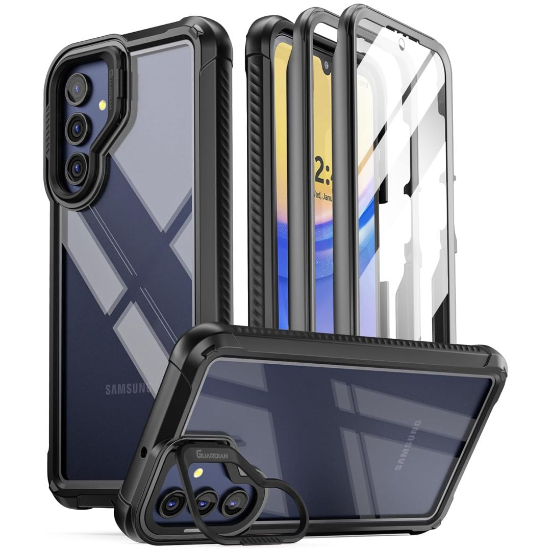 A transparent phone case with a black frame showcasing the product from all angles