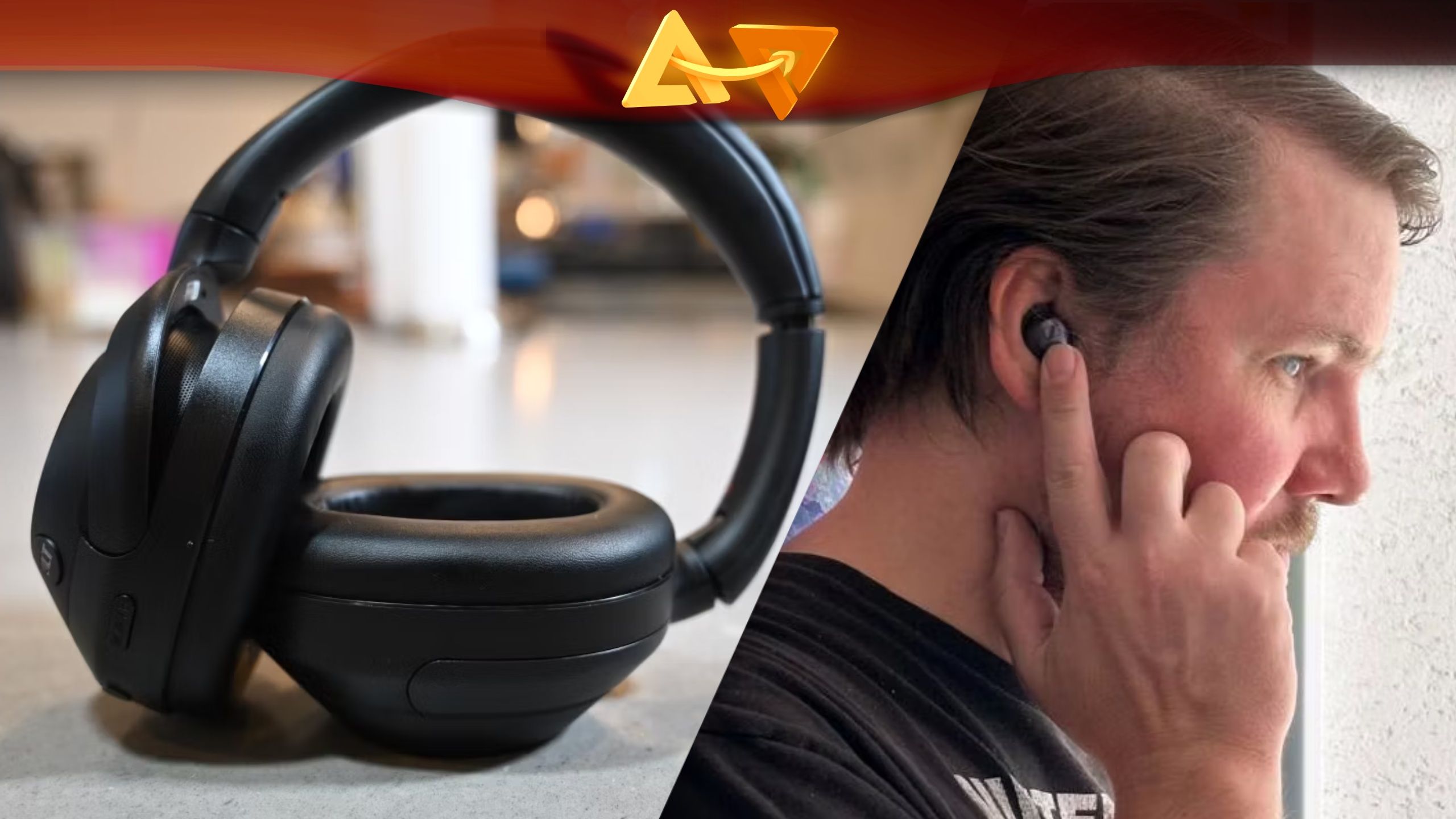 Photos of a pair of headphones and a man touching an earbud in his ear, with an Android Police Prime Day logo