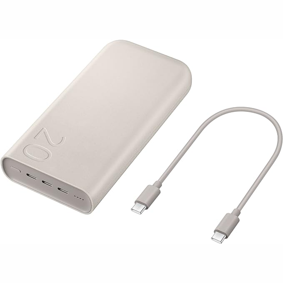 A photo of the Samsung 20,000mAh 45W power bank on a white background with the included USB-C cable