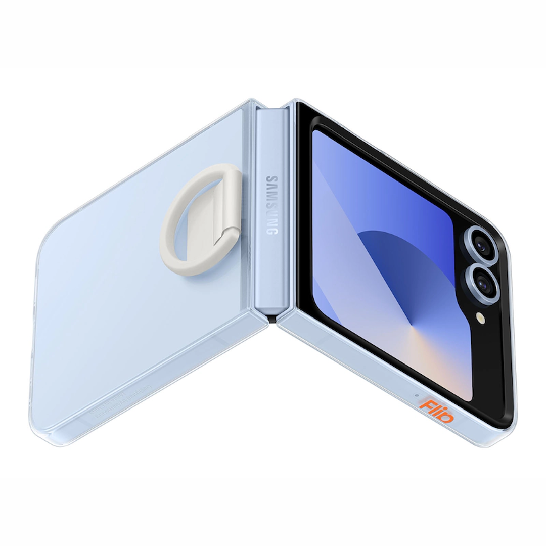 A photo of a Galaxy Z Flip 6 in an official clear case