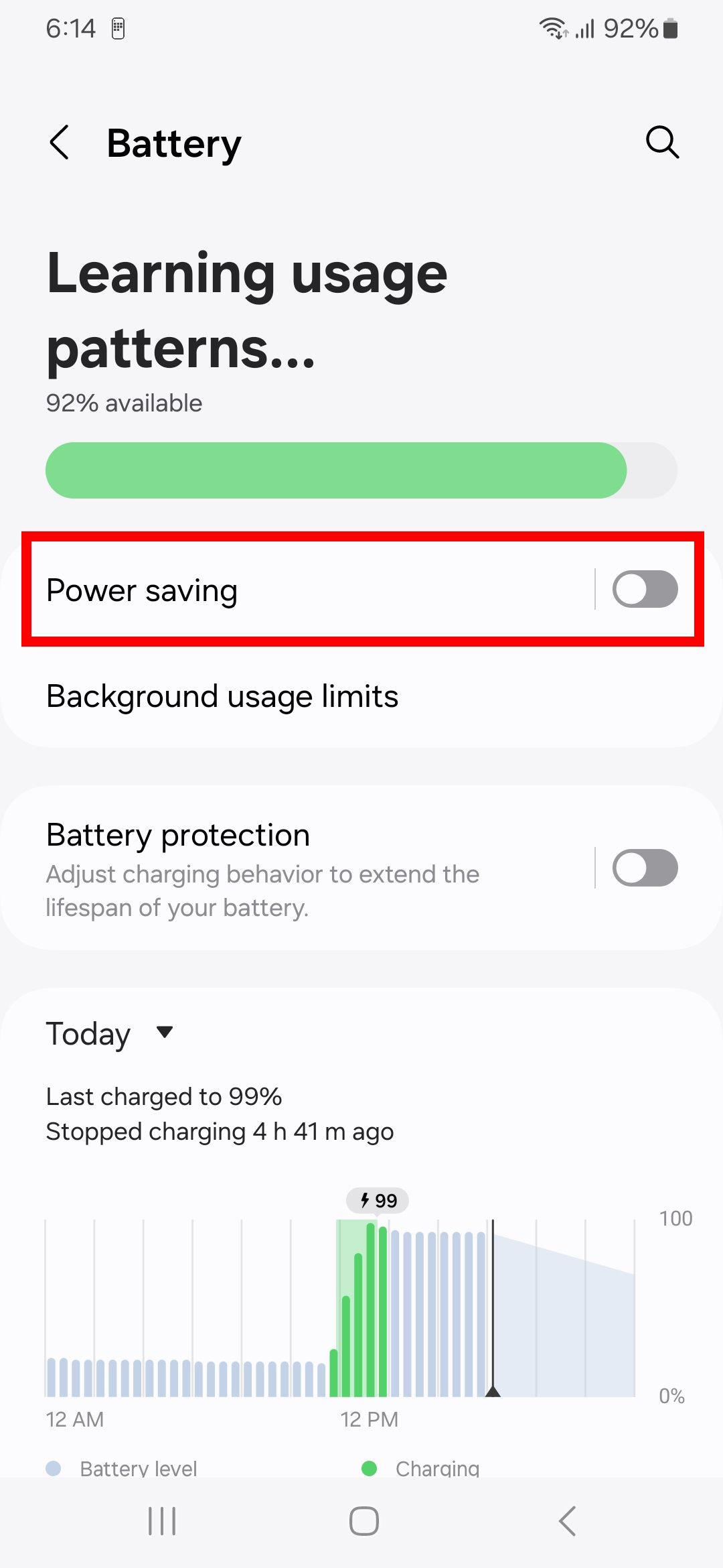 Red rectangle outline highlighting Power saving option in Battery settings