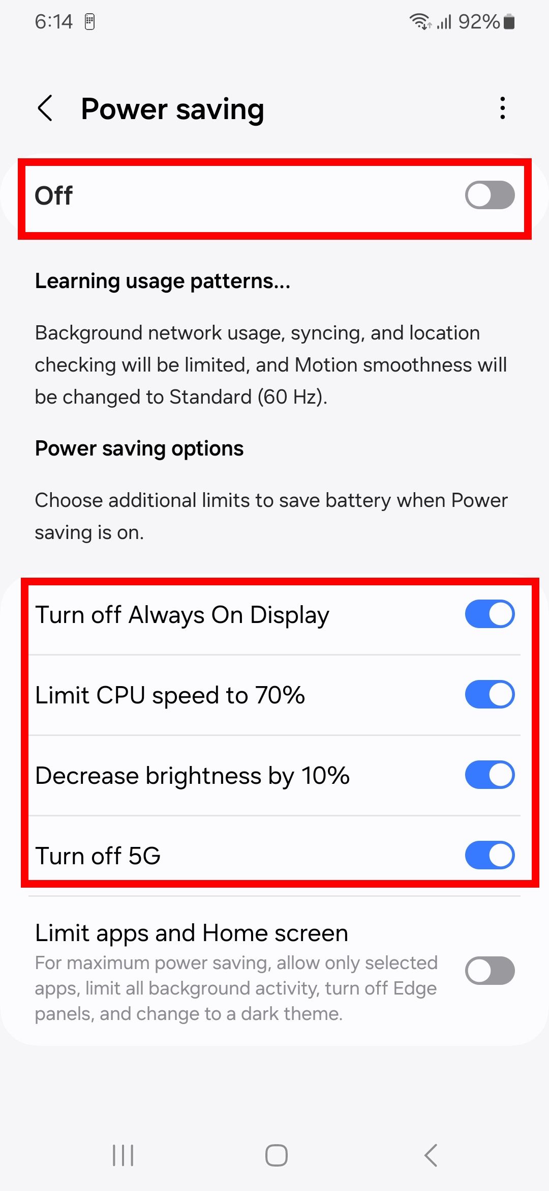 Two red rectangle outlines highlighting off toggle and power saving mode custom settings