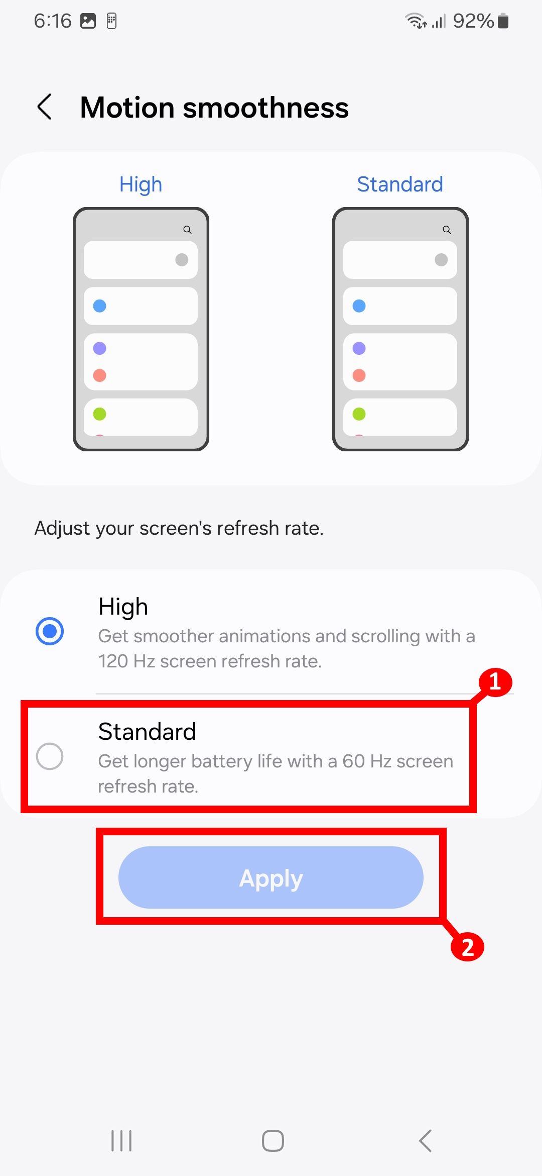 Two red rectangle outlines labeled 1 and 2 highlighting Standard option and Apply button in Motion smoothness