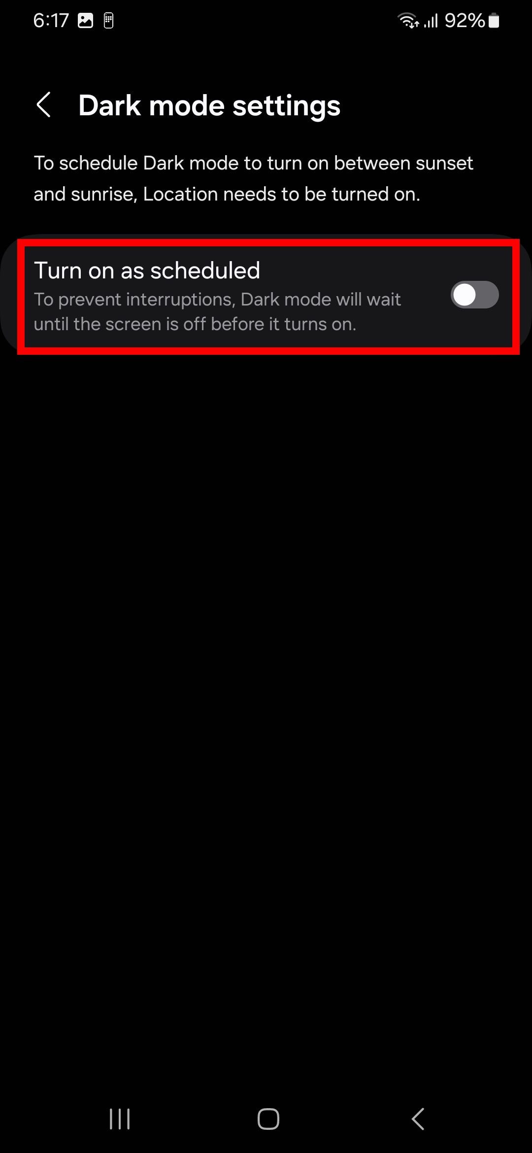 Red rectangle outline highlighting turn on as scheduled toggle in dark mode settings