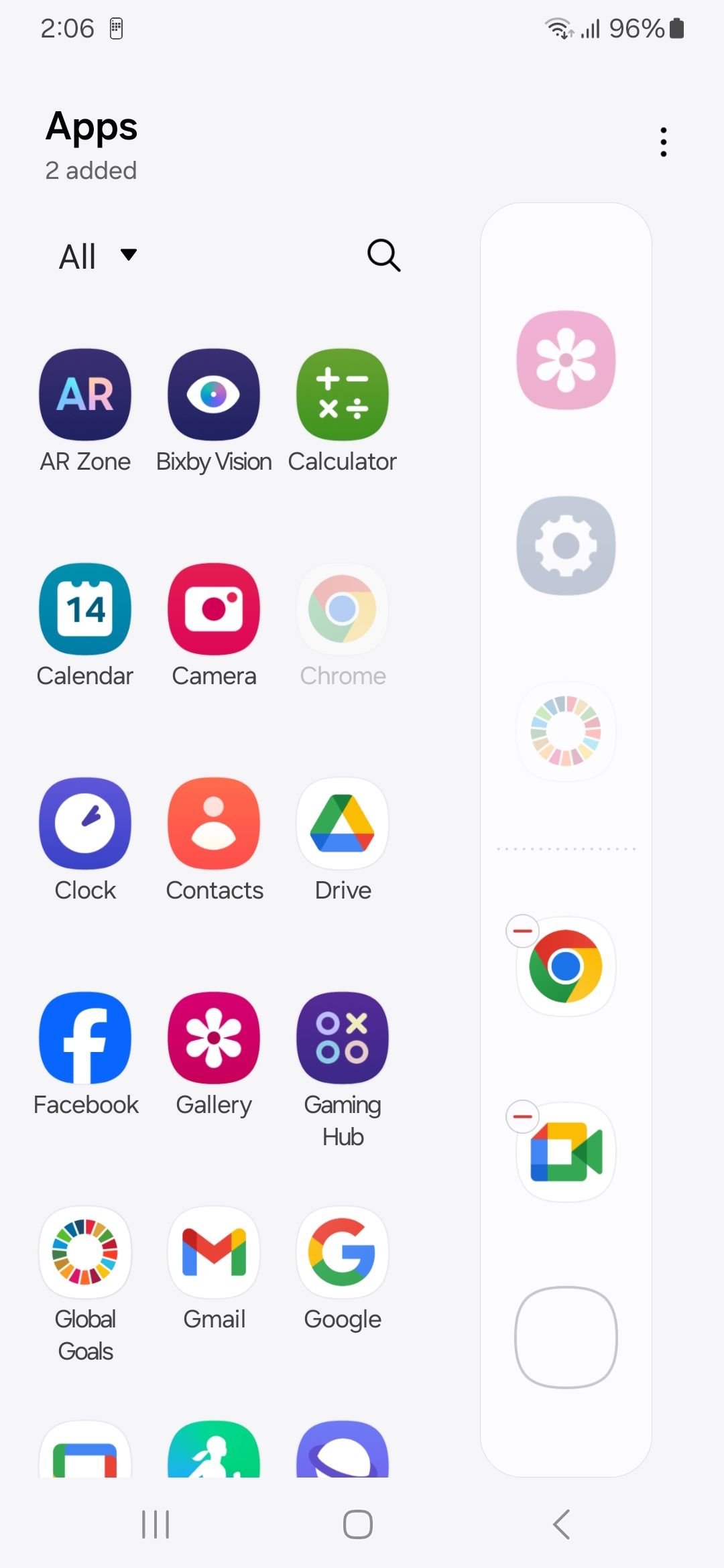 A list of apps in Galaxy A25 Edge panel menu that can be removed, added, and re-ordered