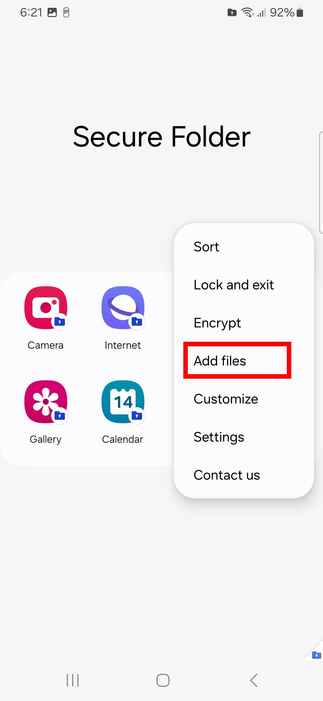 Red rectangle outline highlighting Add files in Samsung Secure folder