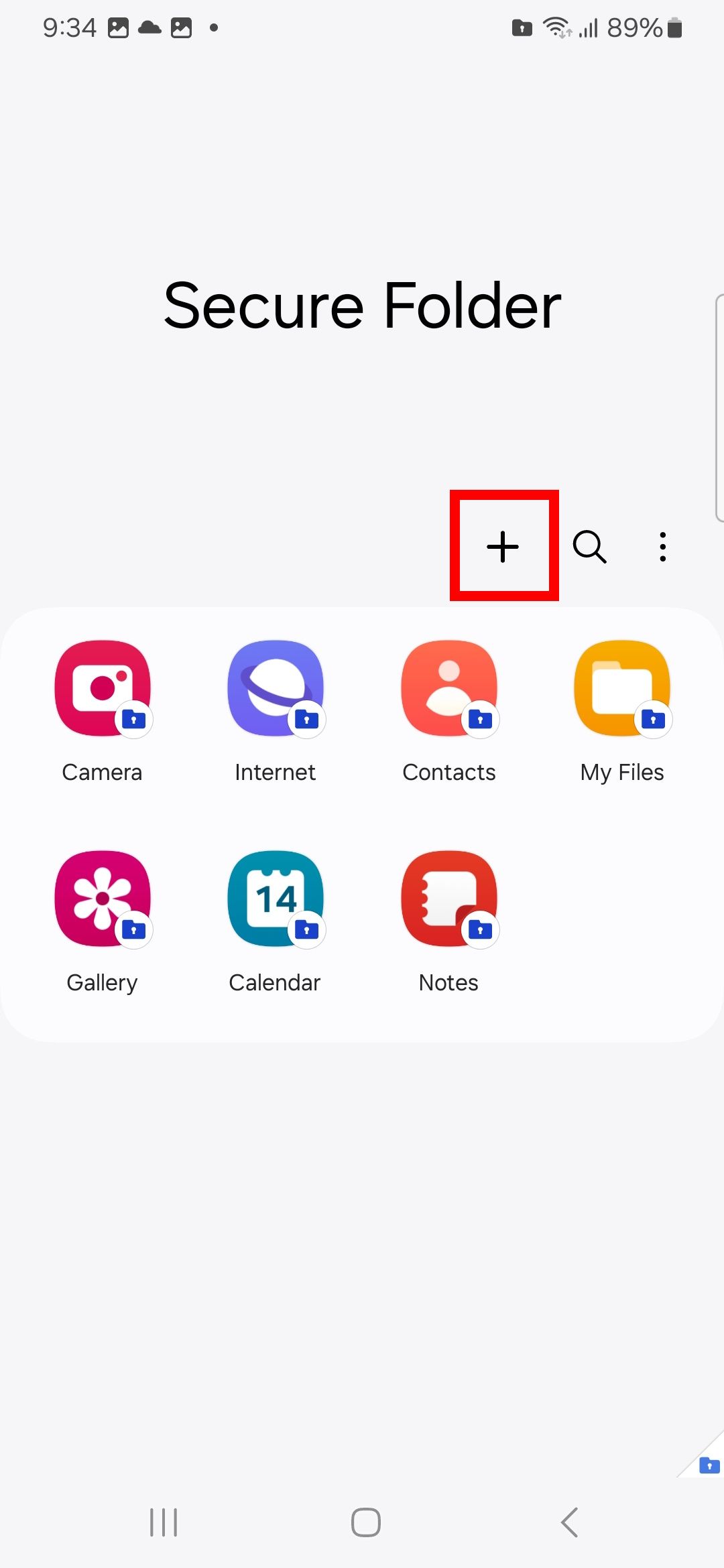 Red square outline highlighting the plus sign add option in samsung secure folder