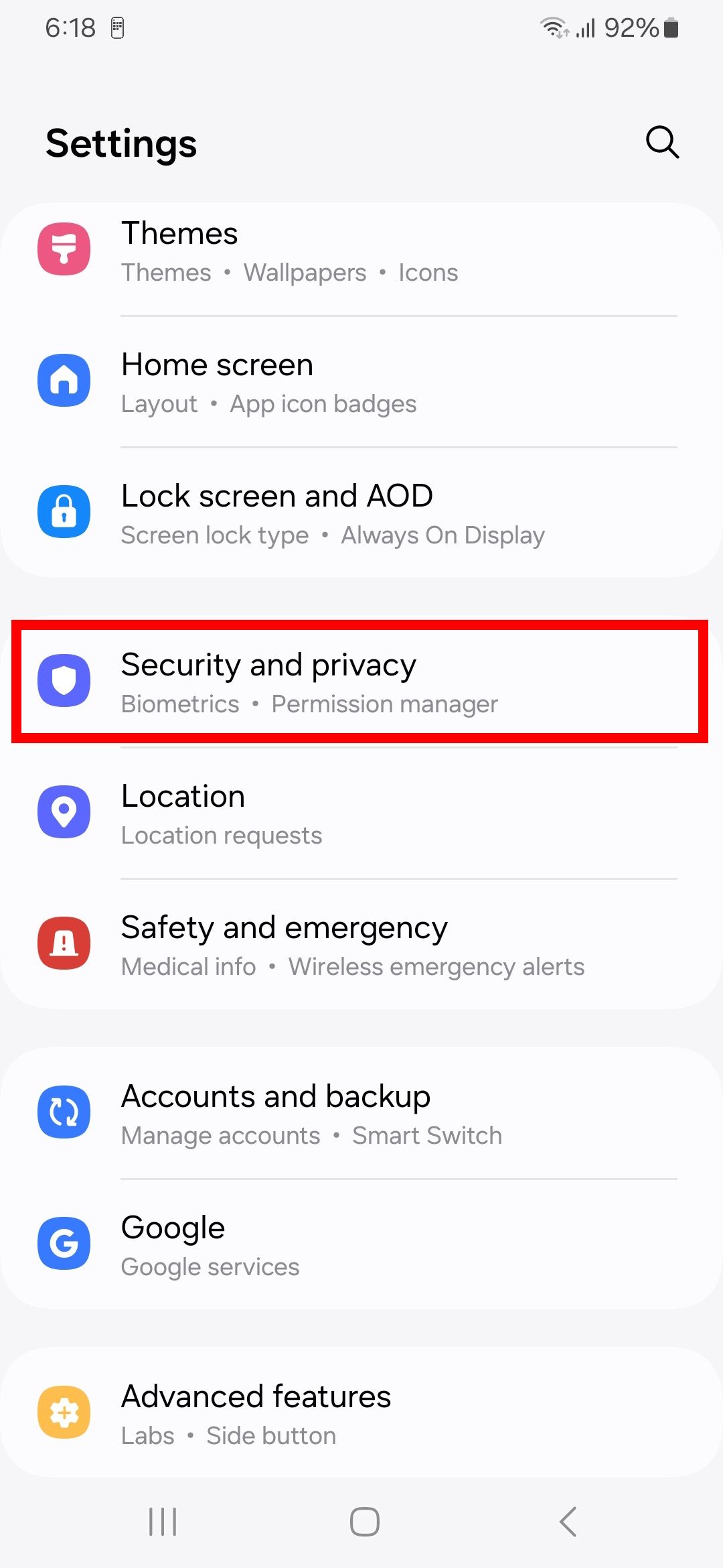 Red rectangle outline highlighting security and privacy in Samsung settings