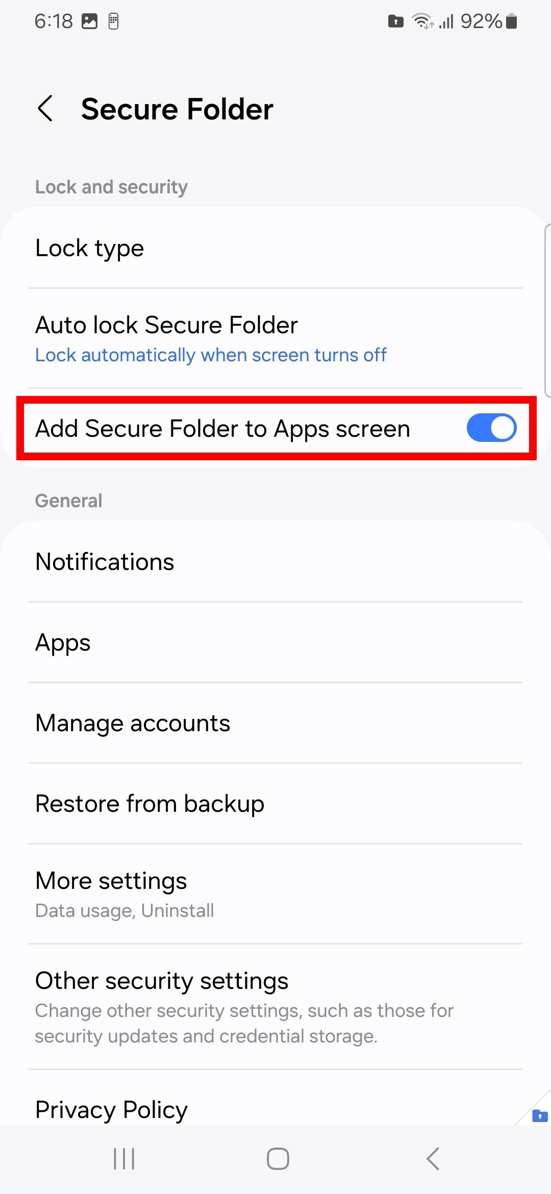 red rectangle outline highlighting add secure folder to apps screen toggle in secure folder