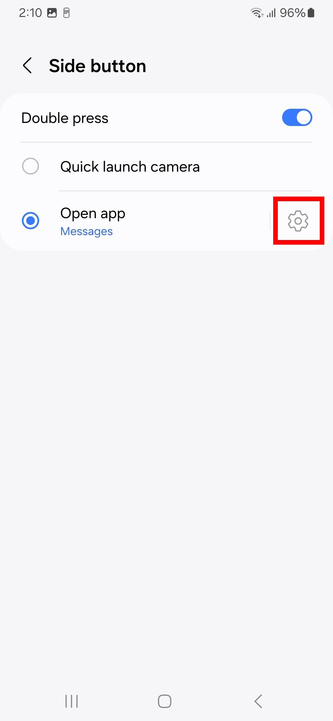 Red rectangle outline over gear icon next to open app in Side button options