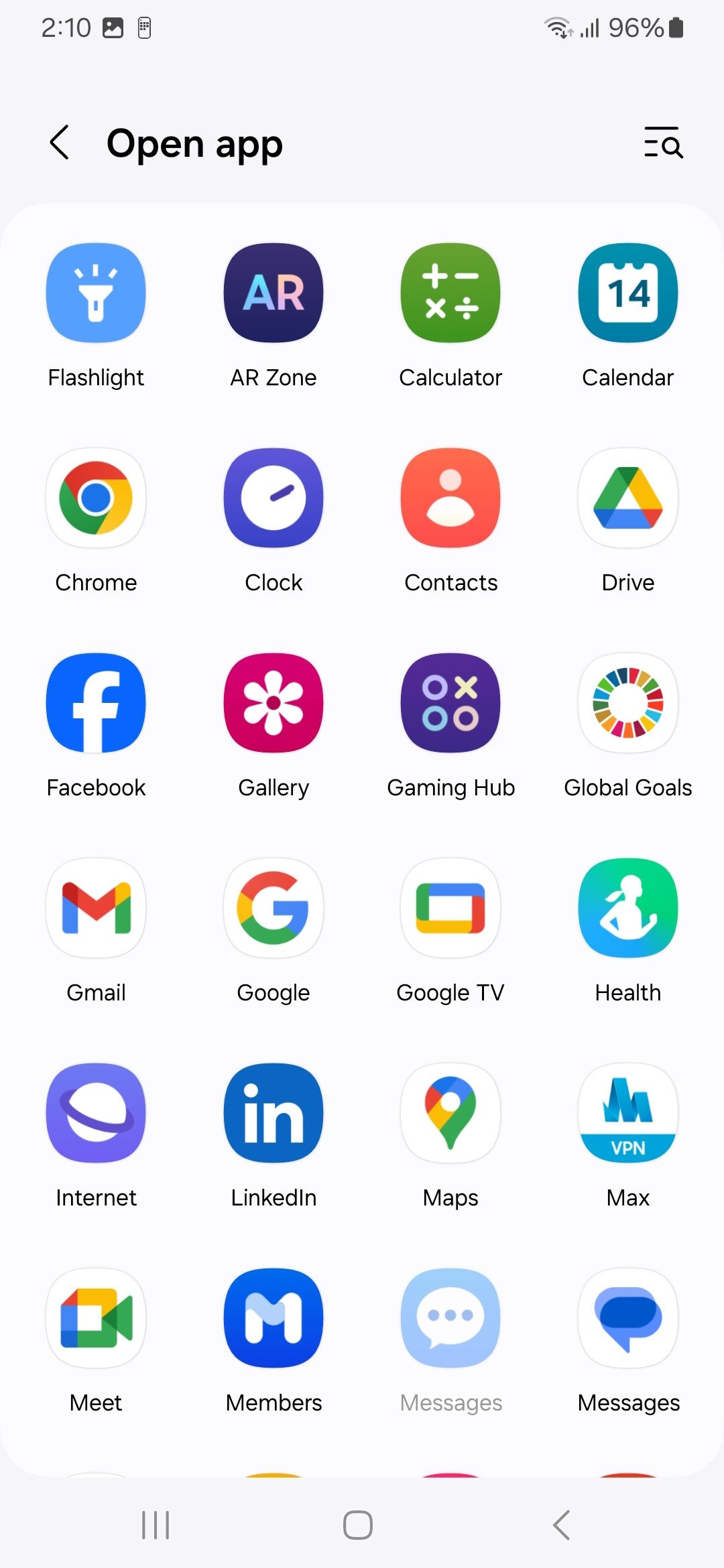 A list of apps with rows and columns in Open app options