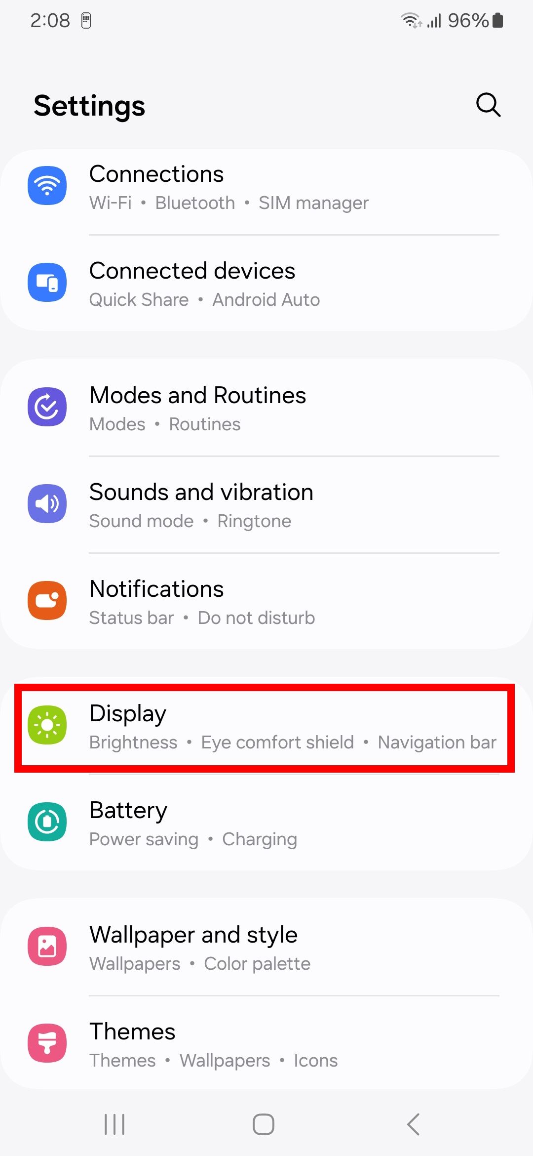 Red rectangle highlighting display in samsung settings