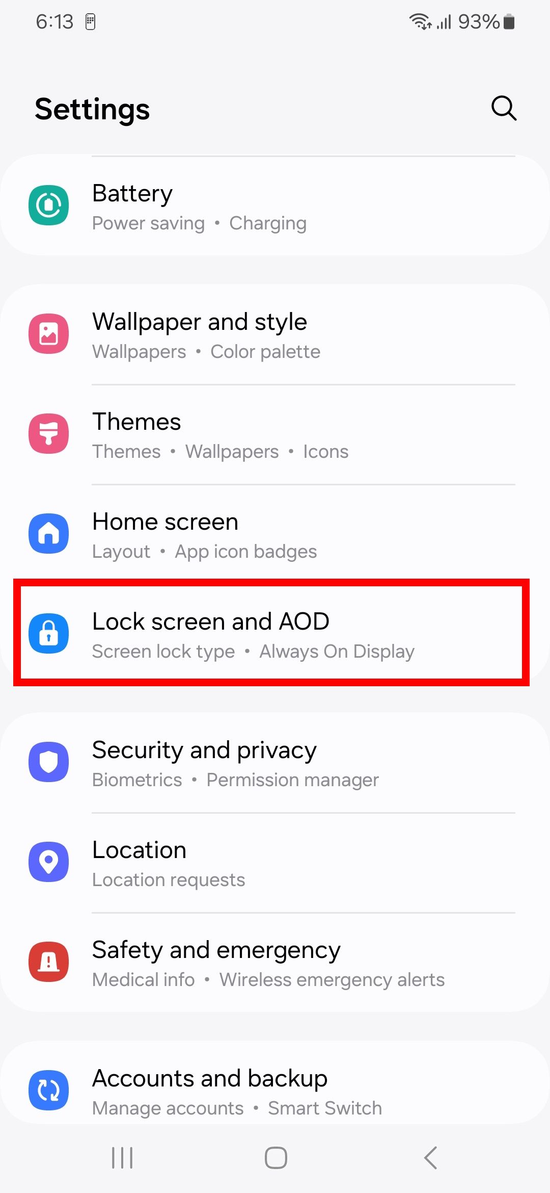 Red rectangle outline highlighting Lock screen and AOD in Samsung settings