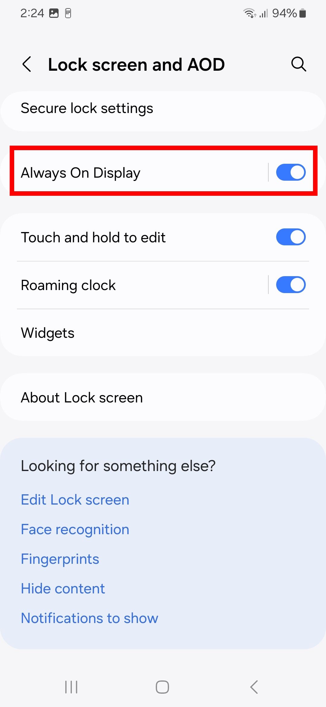 Red rectangle outline highlighting Always on Display and toggle in Lock screen and AOD settings