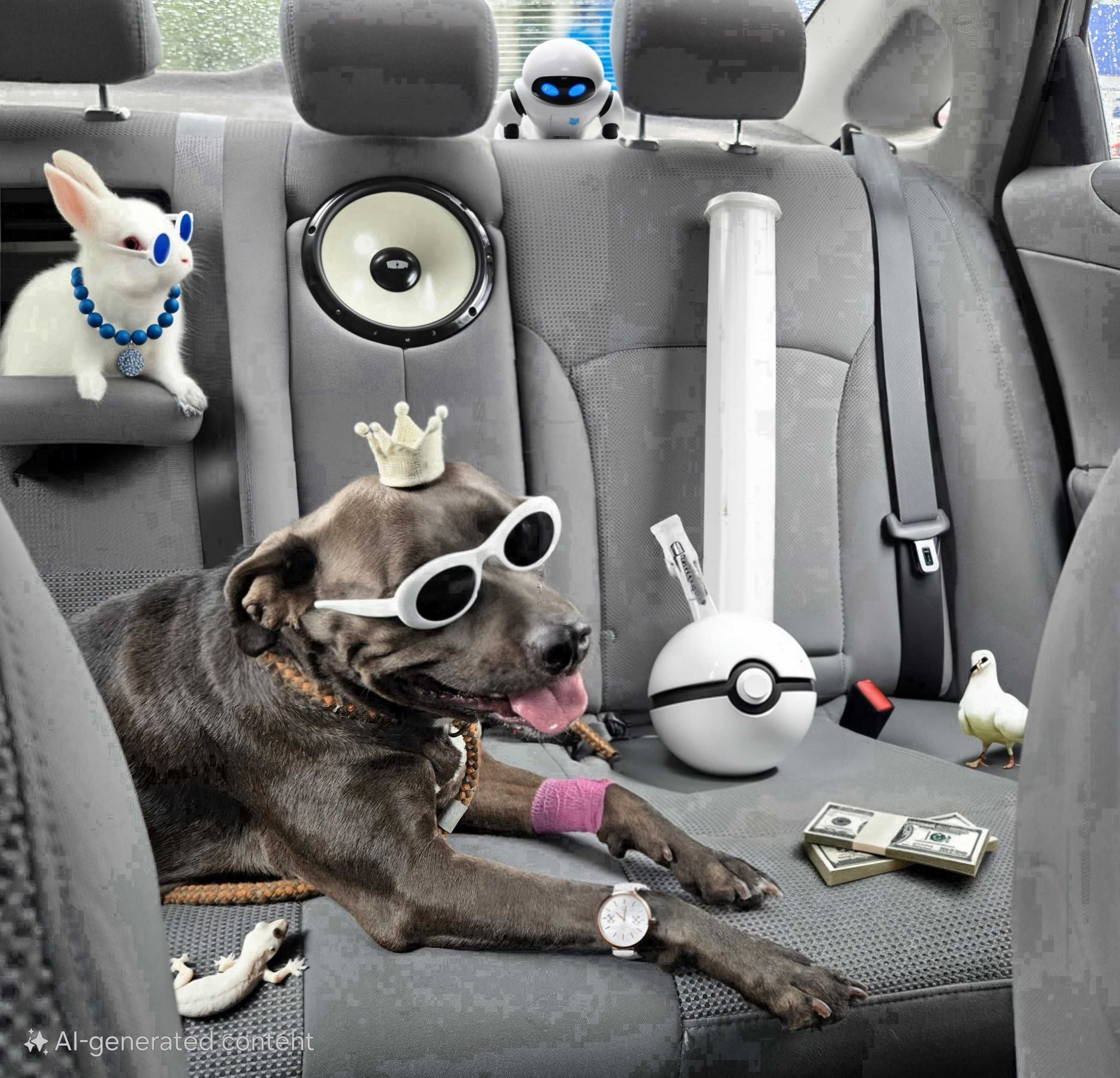 A dog in the back seat of a car, with various AI-generated elements inserted around it.