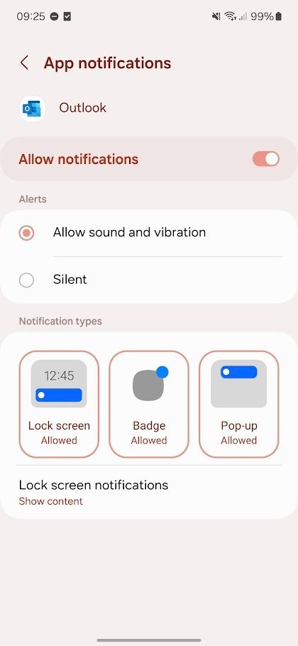 outlook app notification settings on samsung one ui