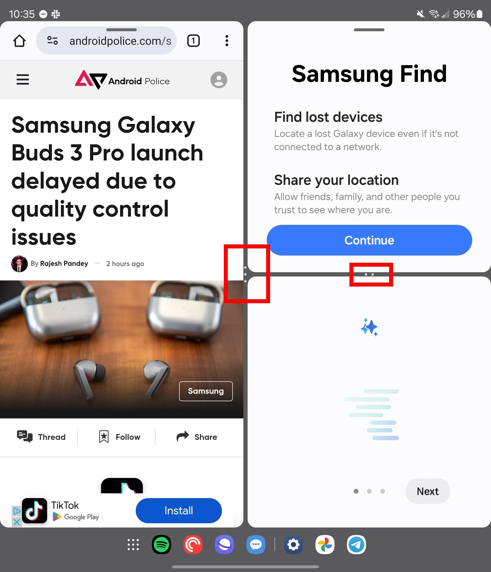 Two red rectangle outlines highlighting the multi window buttons on a samsung galaxy z fold 6 display