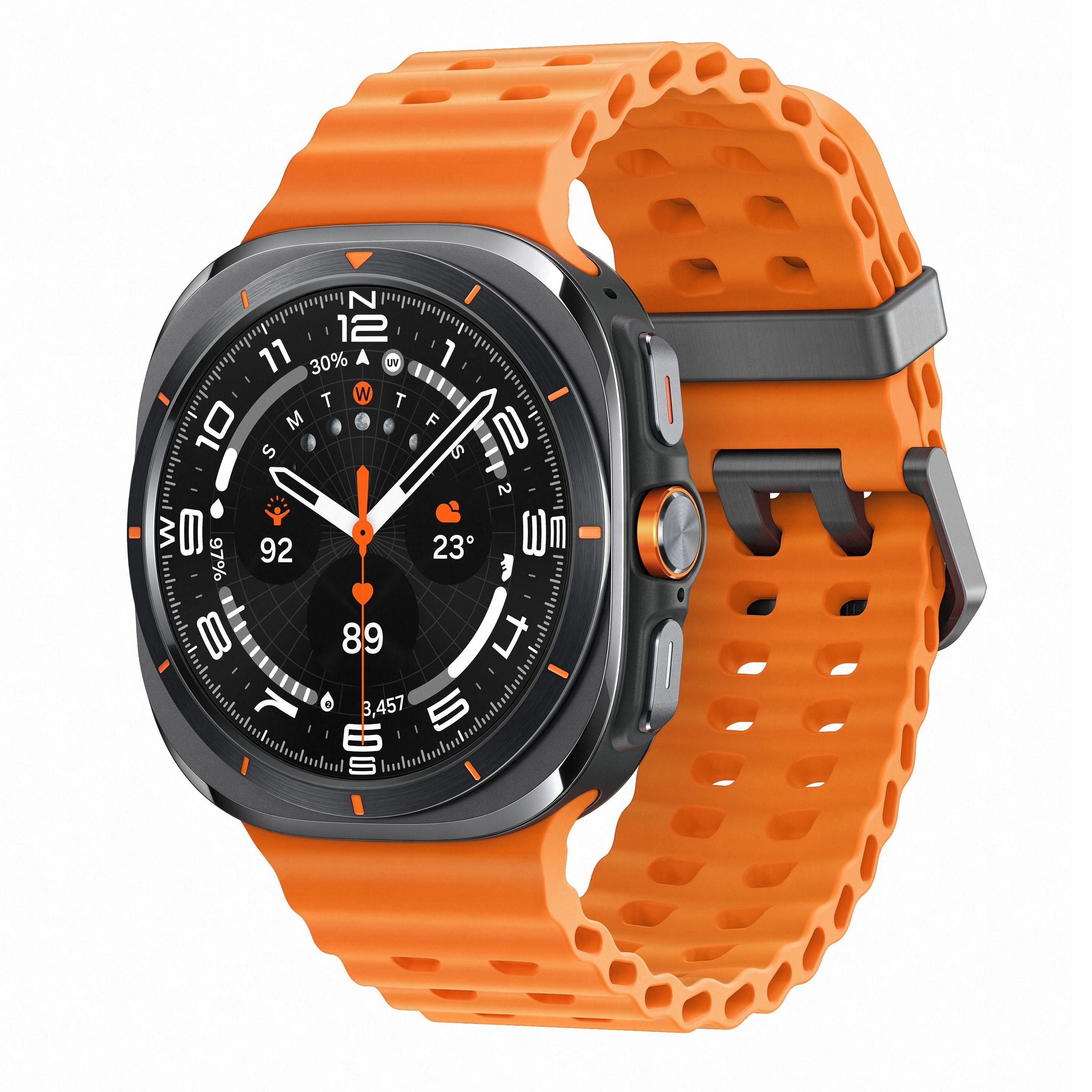 Samsung Galaxy Watch Ultra with an orange band