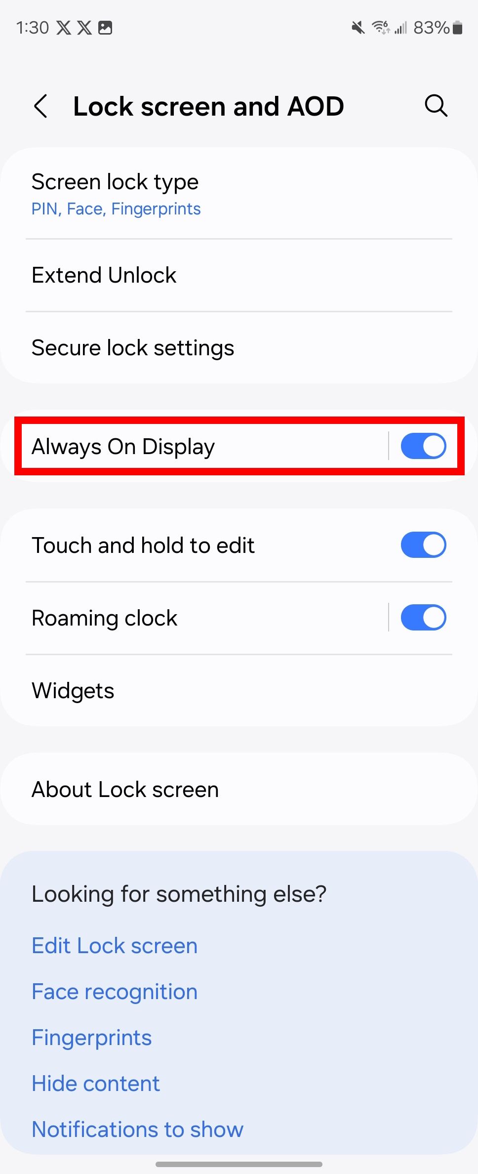 Red rectangle outline highlighting Always On Display toggle in Lock screen and AOD settings on a Samsung Galaxy Z Fold 6