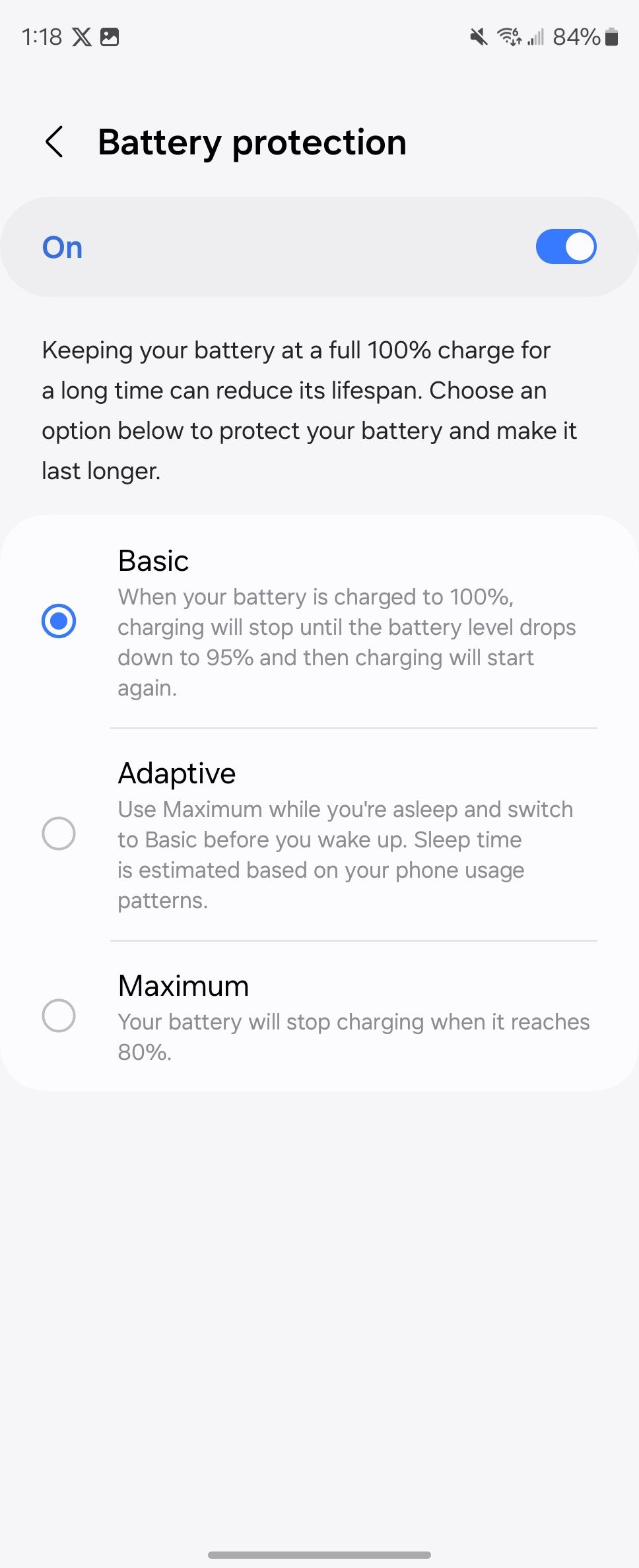 Battery protection page with toggle and basic, adaptive, and maximum options