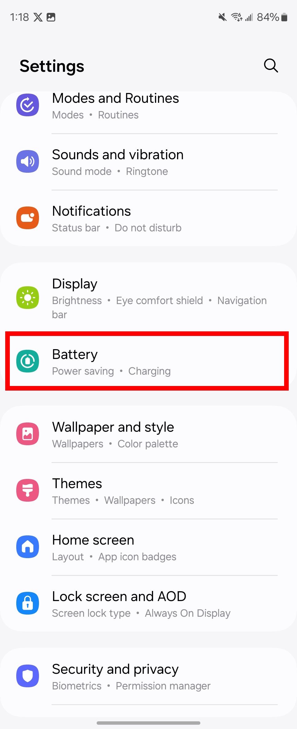 Red rectangle outline highlighting Battery in Samsung settings