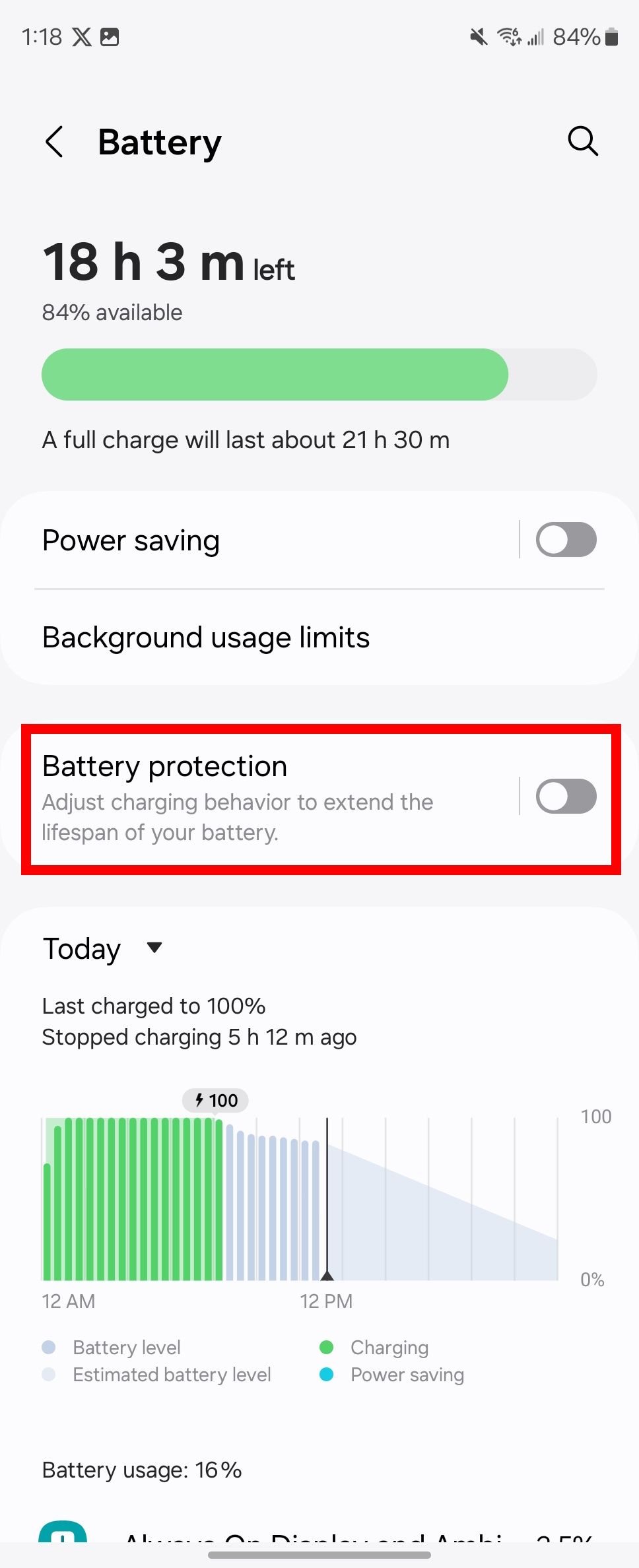 Red rectangle outline highlighting Battery protection toggle and option in Samsung battery settings