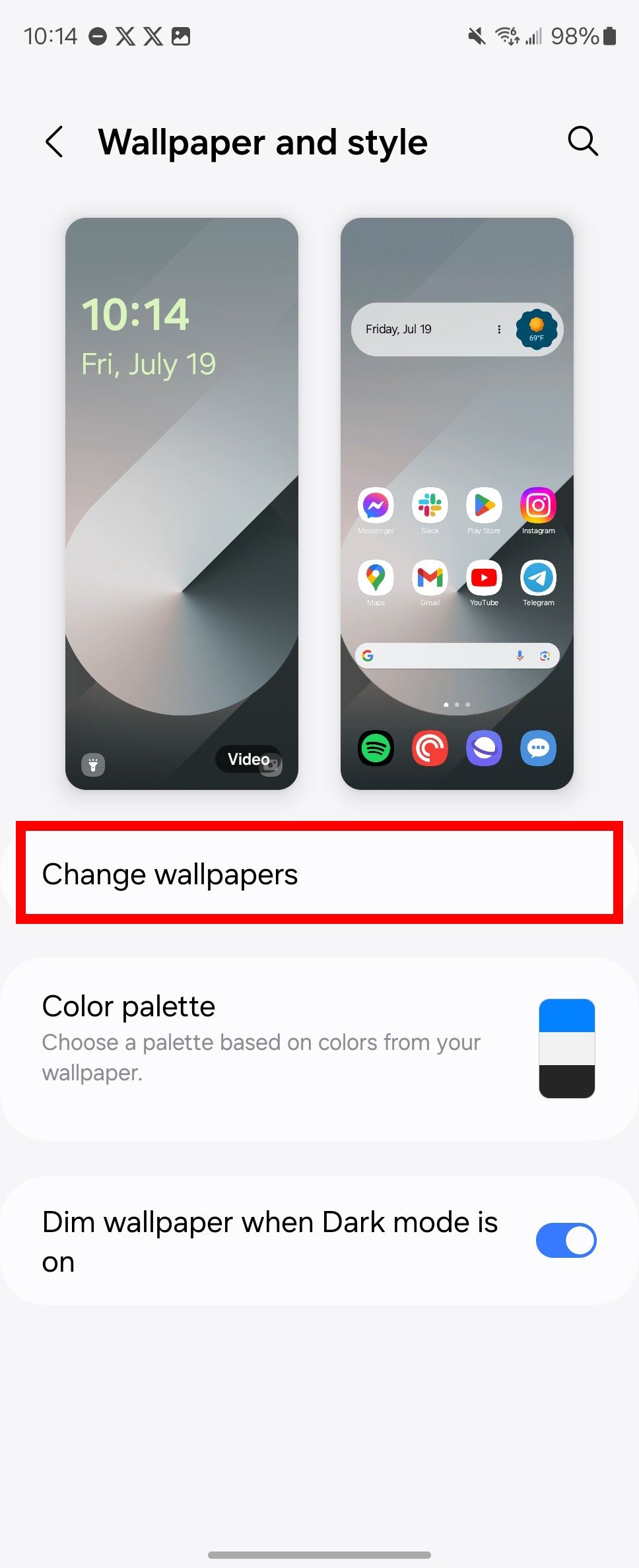 Red rectangle outline highlighting Change wallpapers option in Wallpaper and style page