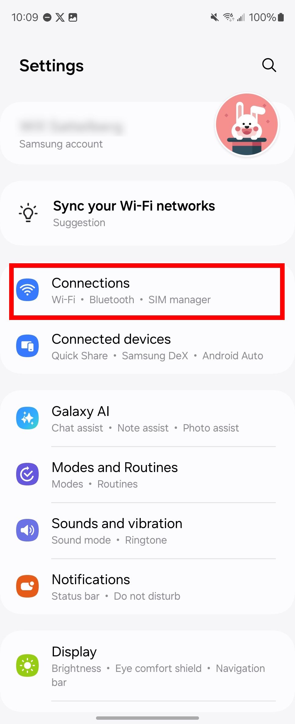 Red rectangle outline highlighting Connections in Samsung settings