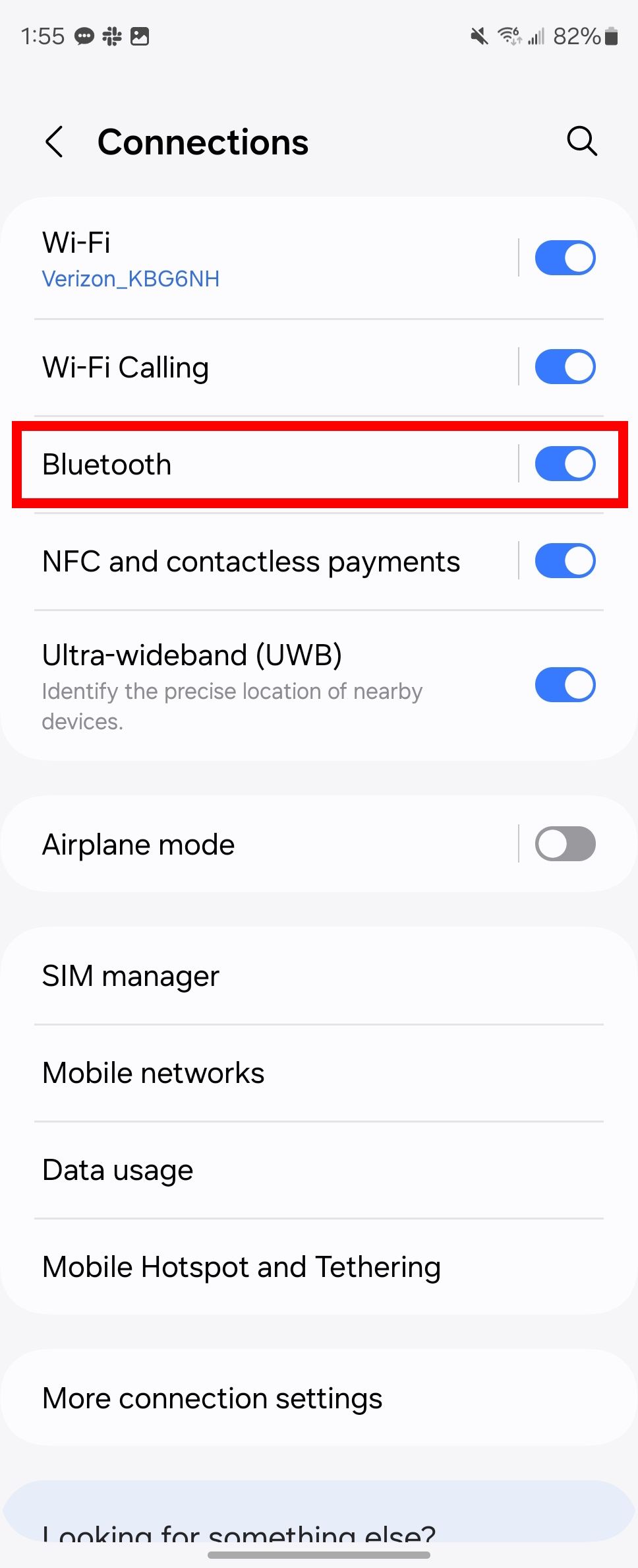 Red rectangle outline highlighting Bluetooth toggle in Connection settings