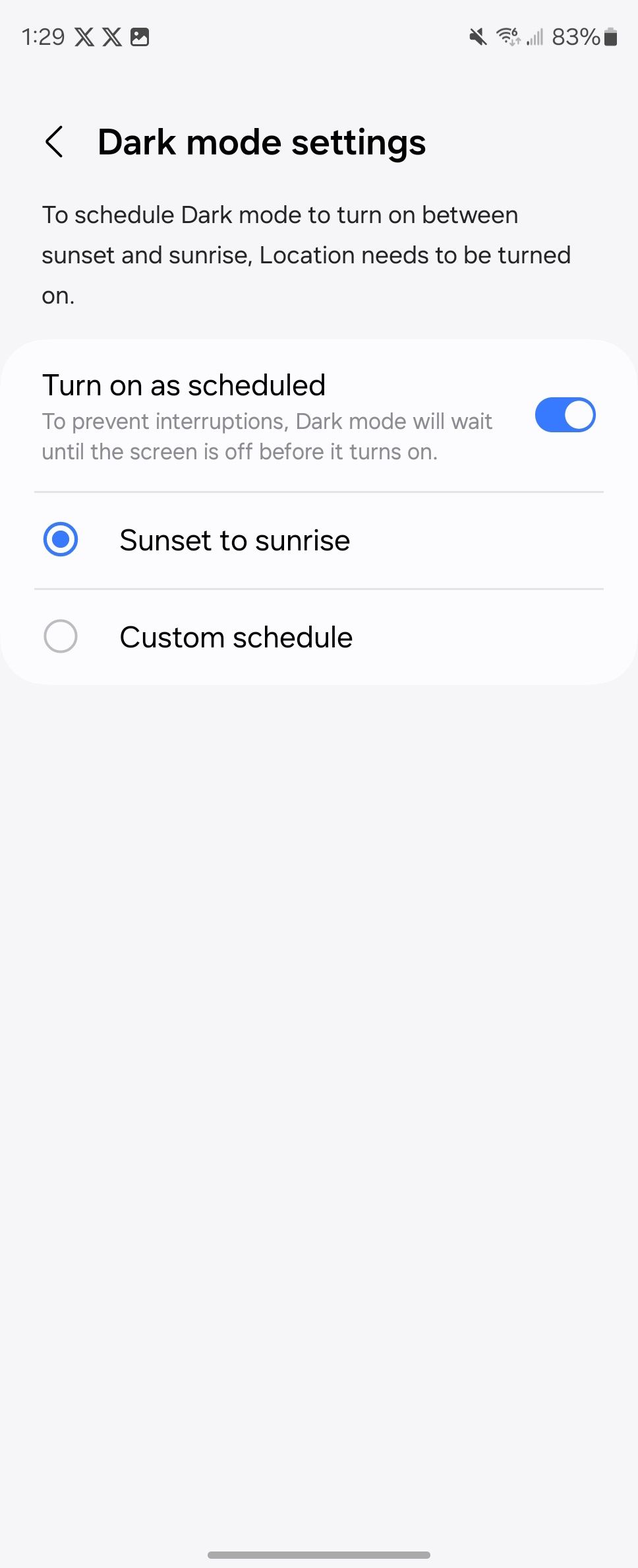 A list of Dark mode settings with turn on as scheduled toggle on a Samsung Galaxy Z Fold 6