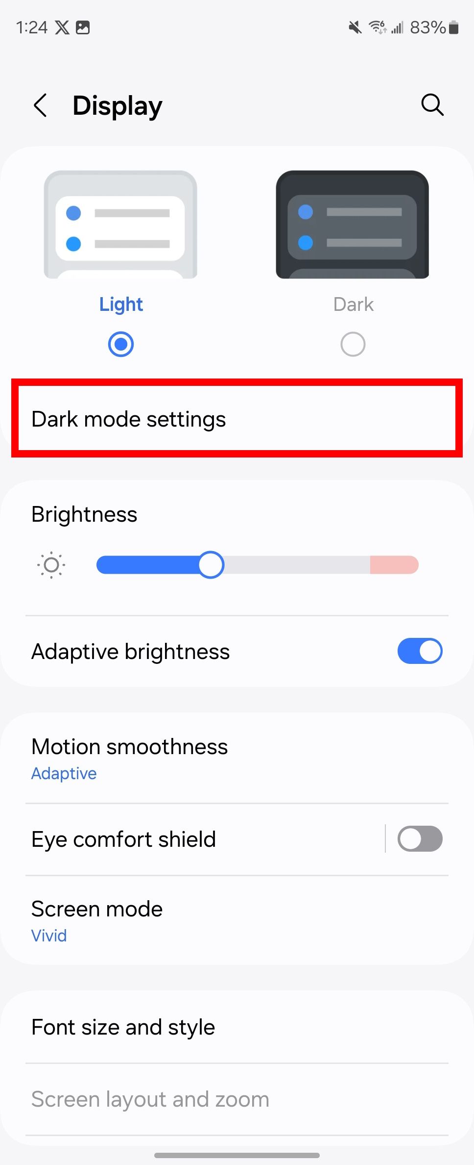 Red rectangle outline highlighting Dark mode settings in Samsung Display settings