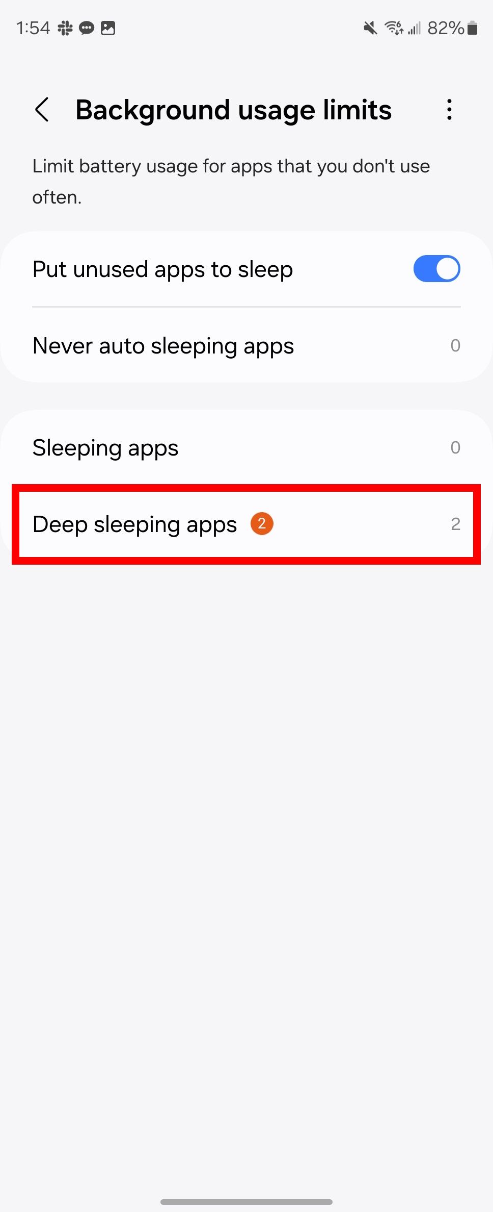 Red rectangle outline highlighting Deep sleeping apps in Background usage limits page