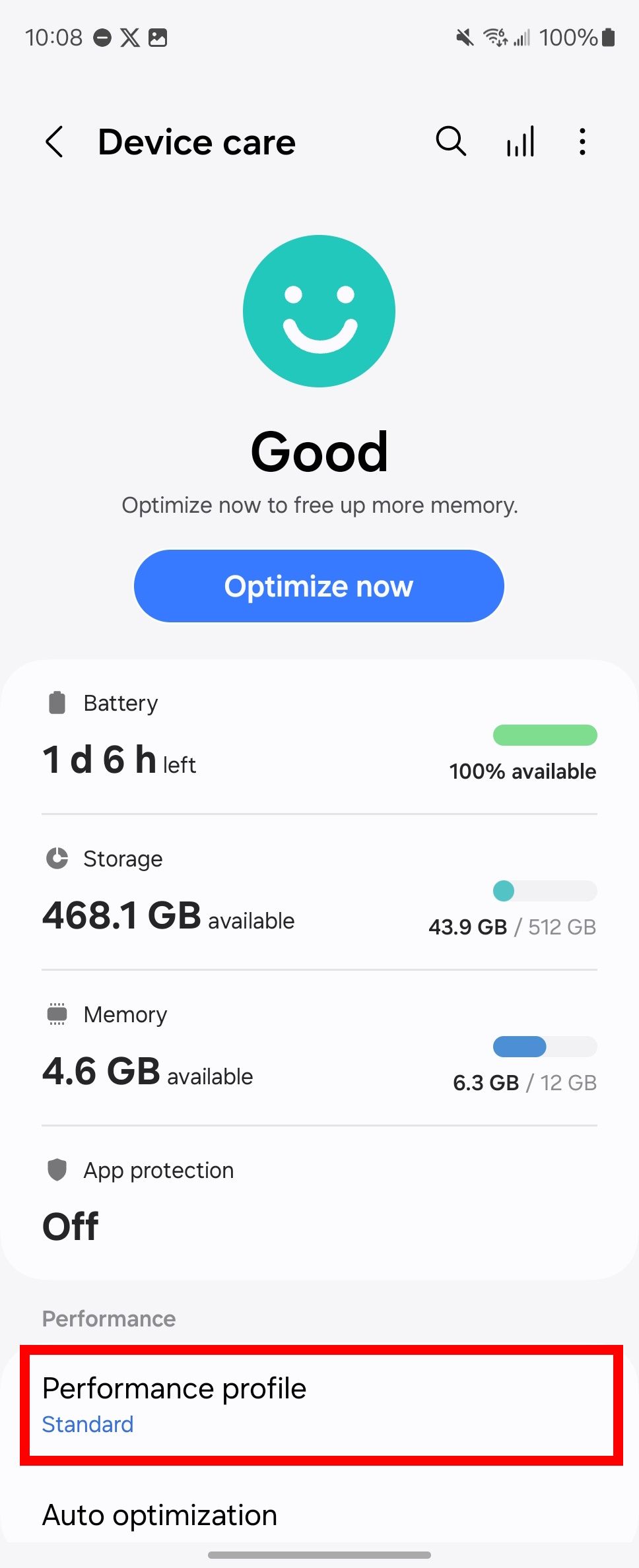 Red rectangle outline highlighting performance profile in Samsung device care settings