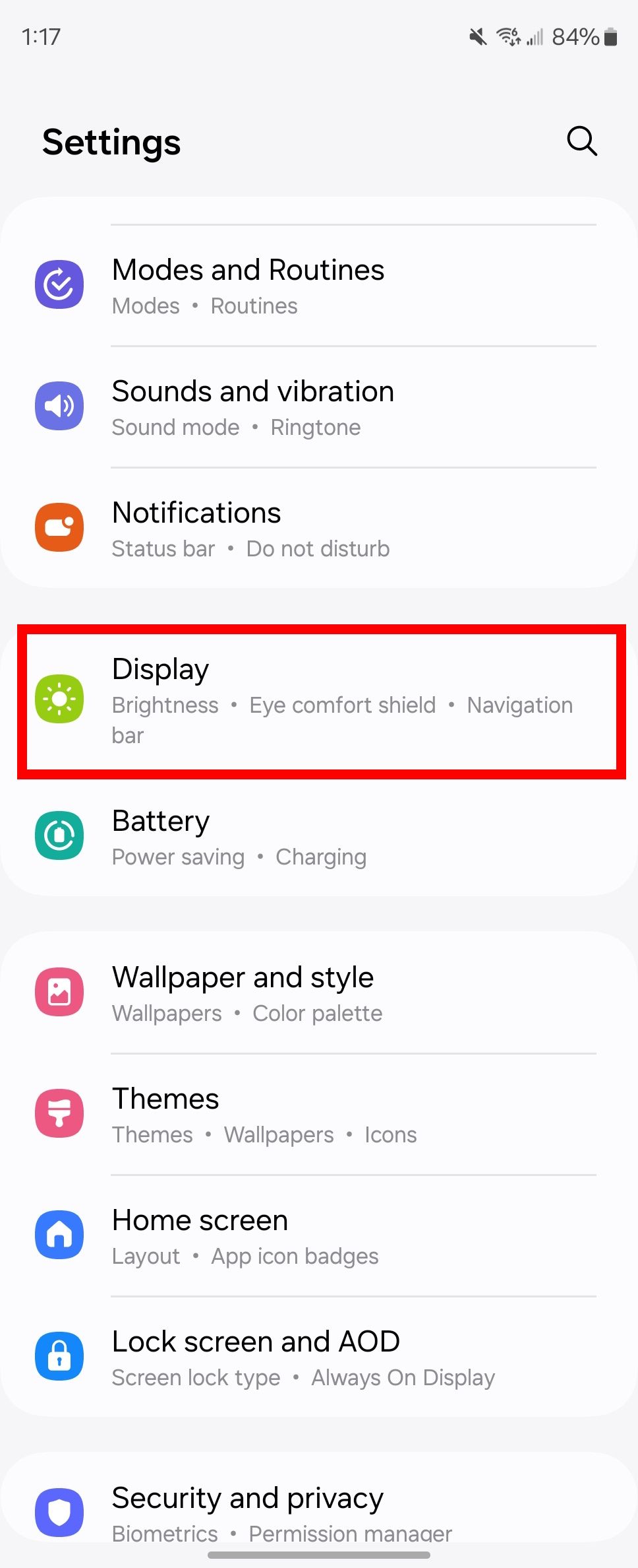 Red rectangle outline highlighting Display in Samsung settings