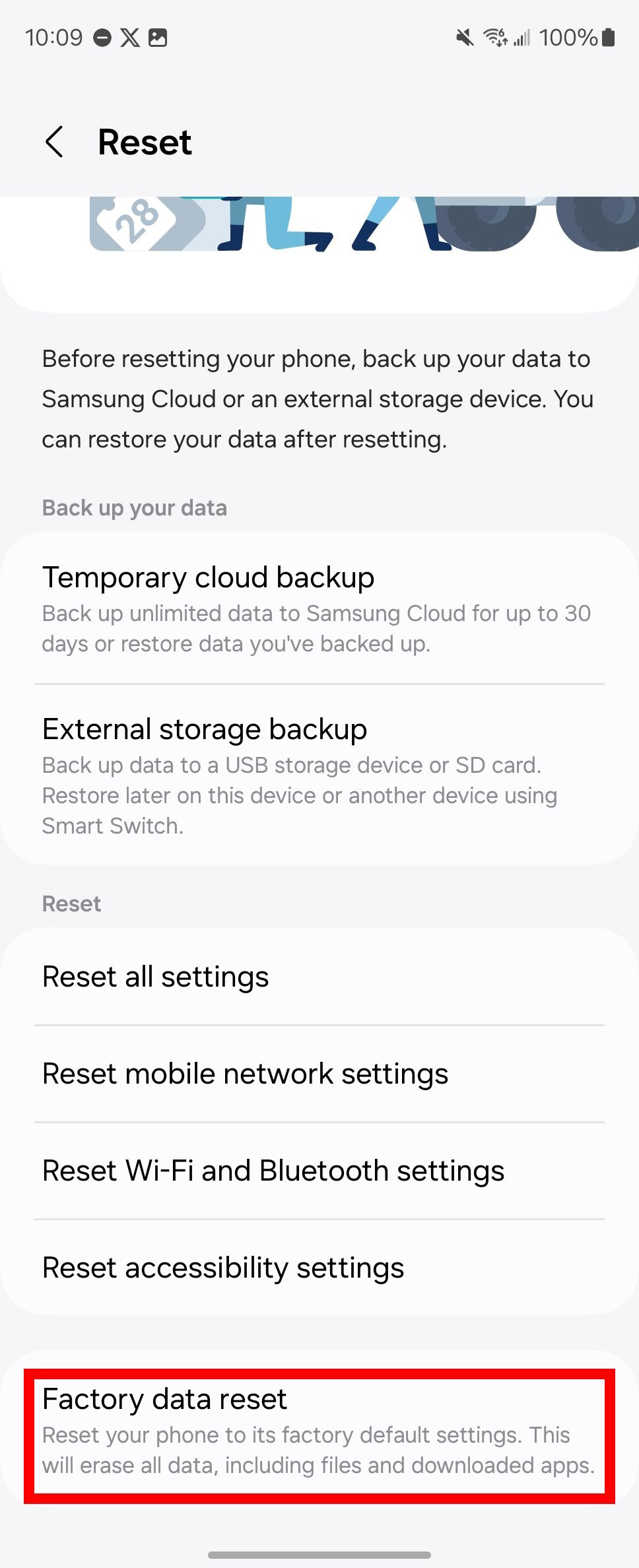 Red rectangle outline highlighting Factory data reset in Reset settings on a Galaxy Z Fold 6