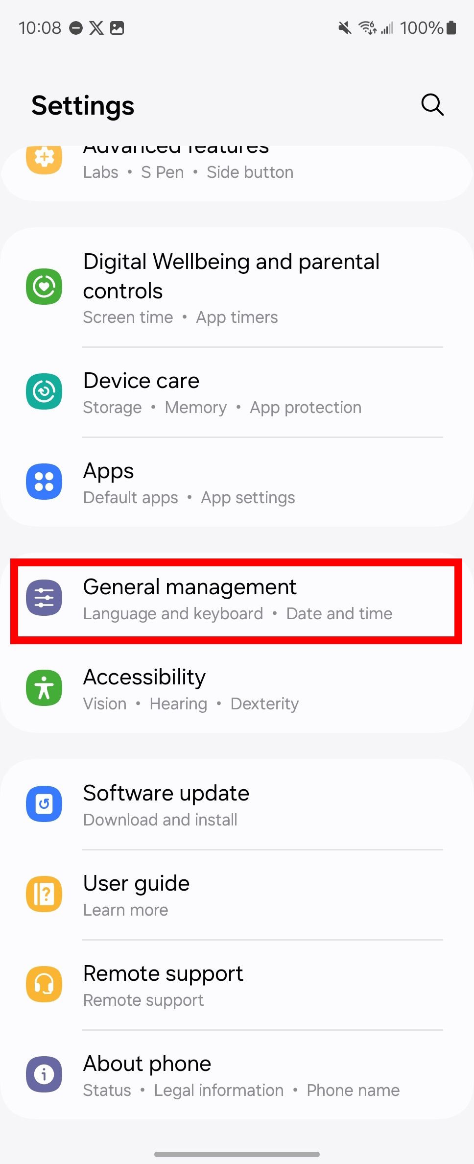 Red rectangle outline highlighting General management in Samsung settings