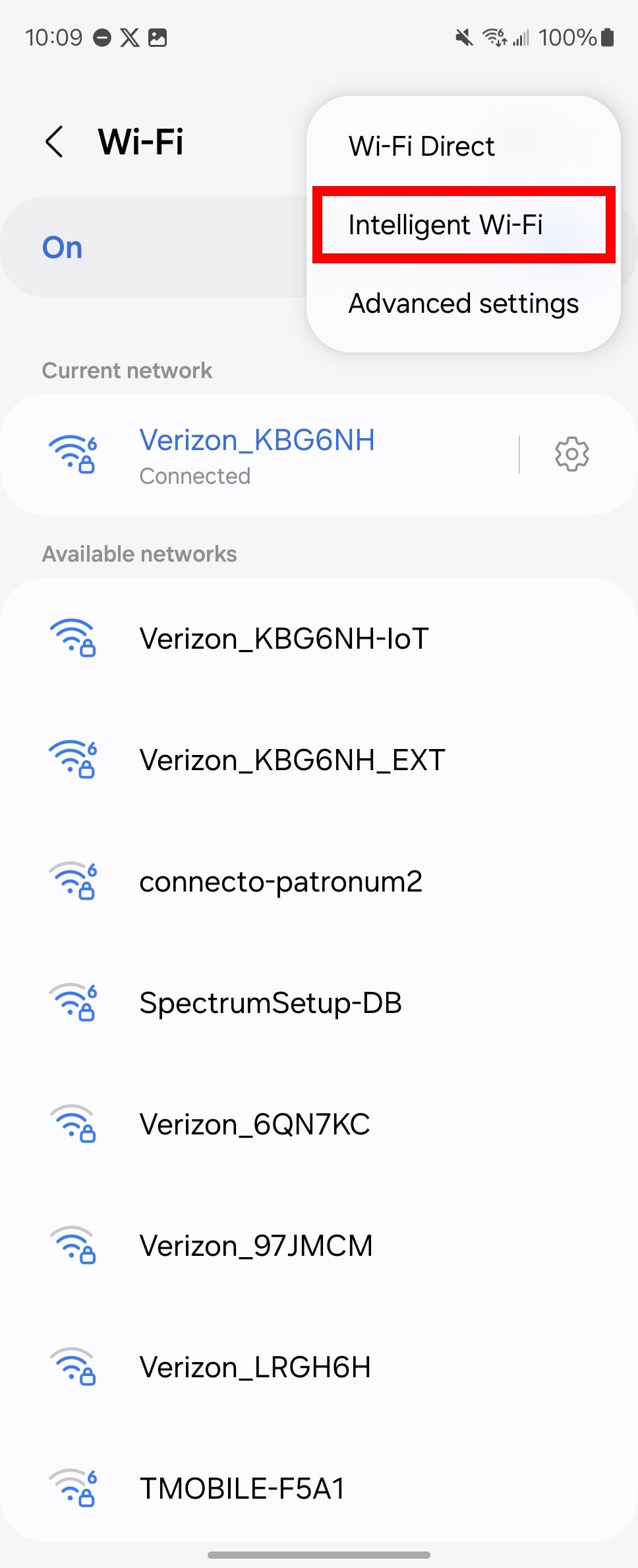 Red rectangle outline highlighting Intelligent Wi-Fi option from three-dot menu