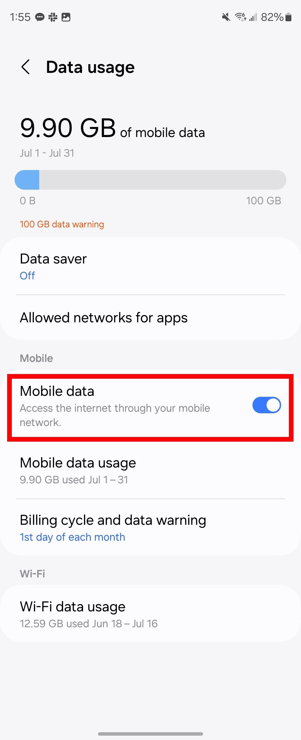 Red rectangle outline highlighting Mobile data toggle in Data usage settings