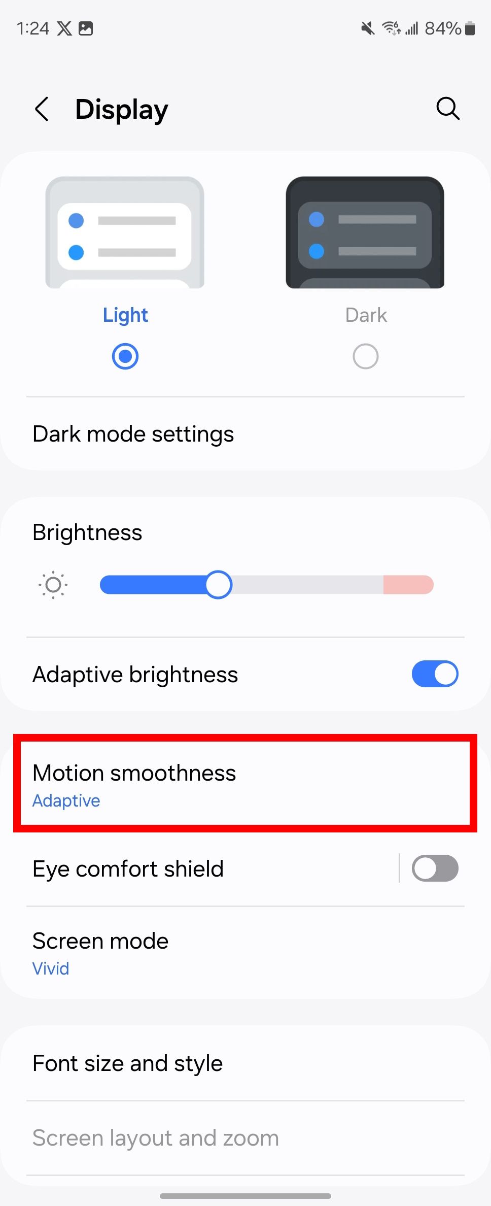 Red rectangle outline highlighting motion smoothness in samsung display settings