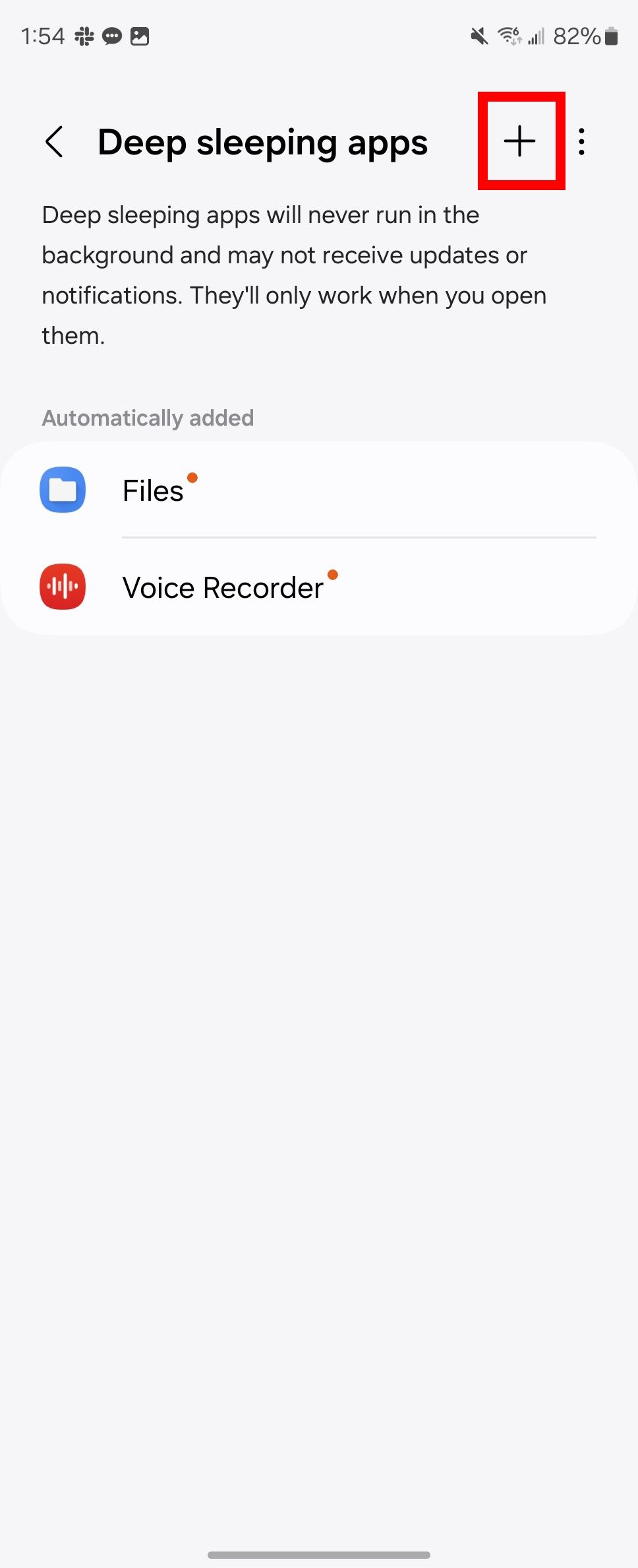 Red rectangle outline highlighting the Plus sign icon in the top right of deep sleeping apps page