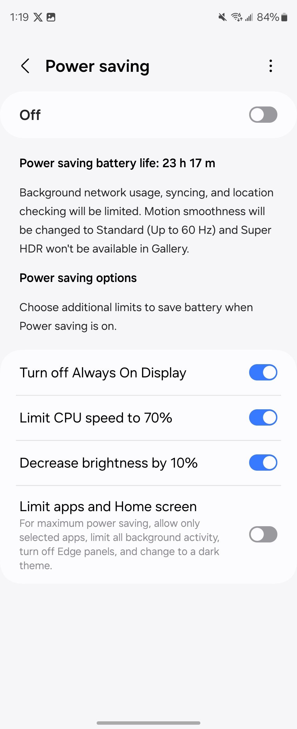 all the power saving options and toggles on a samsung galaxy z fold 6