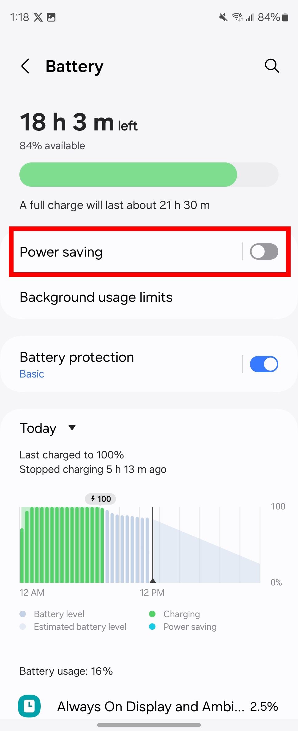 Red rectangle outline highlighting power saving option and toggle in Samsung battery page