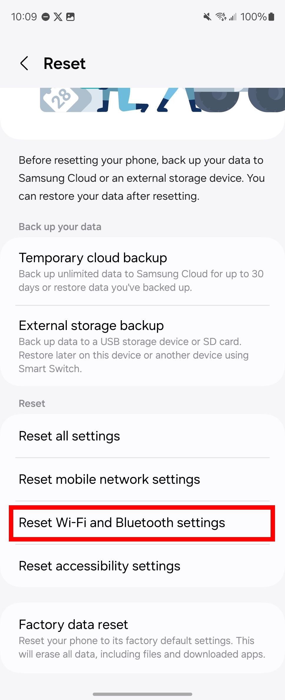 Red rectangle outline highlighting Reset Wi-Fi and Bluetooth settings in Reset settings